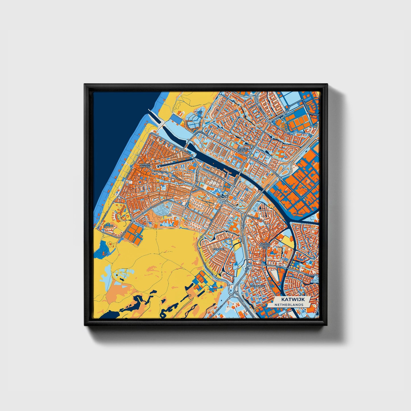Katwijk Netherlands Colorful City Map Canvas Print • Black Framed