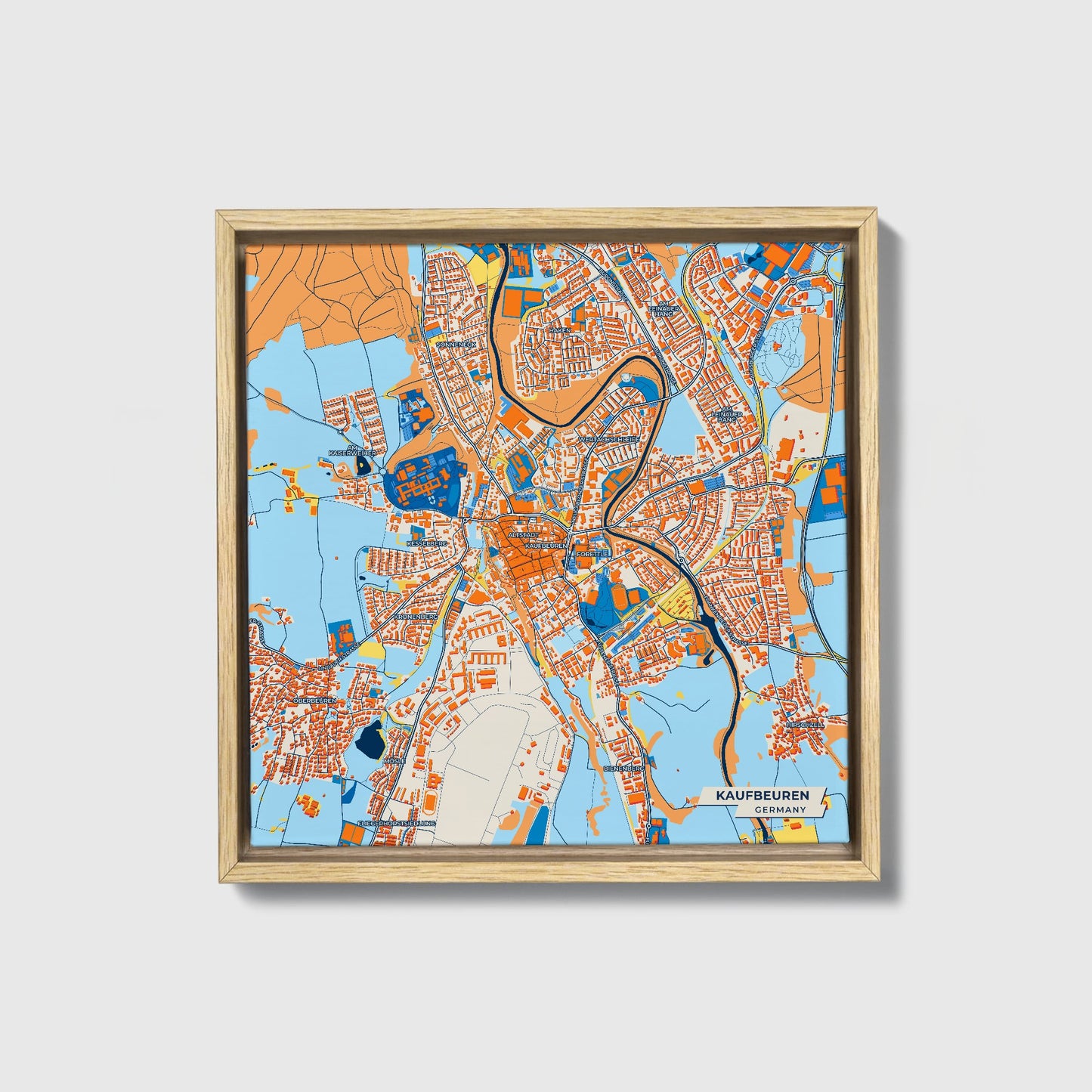 Kaufbeuren Germany Colorful City Map Canvas Print • Natural Wooden Framed
