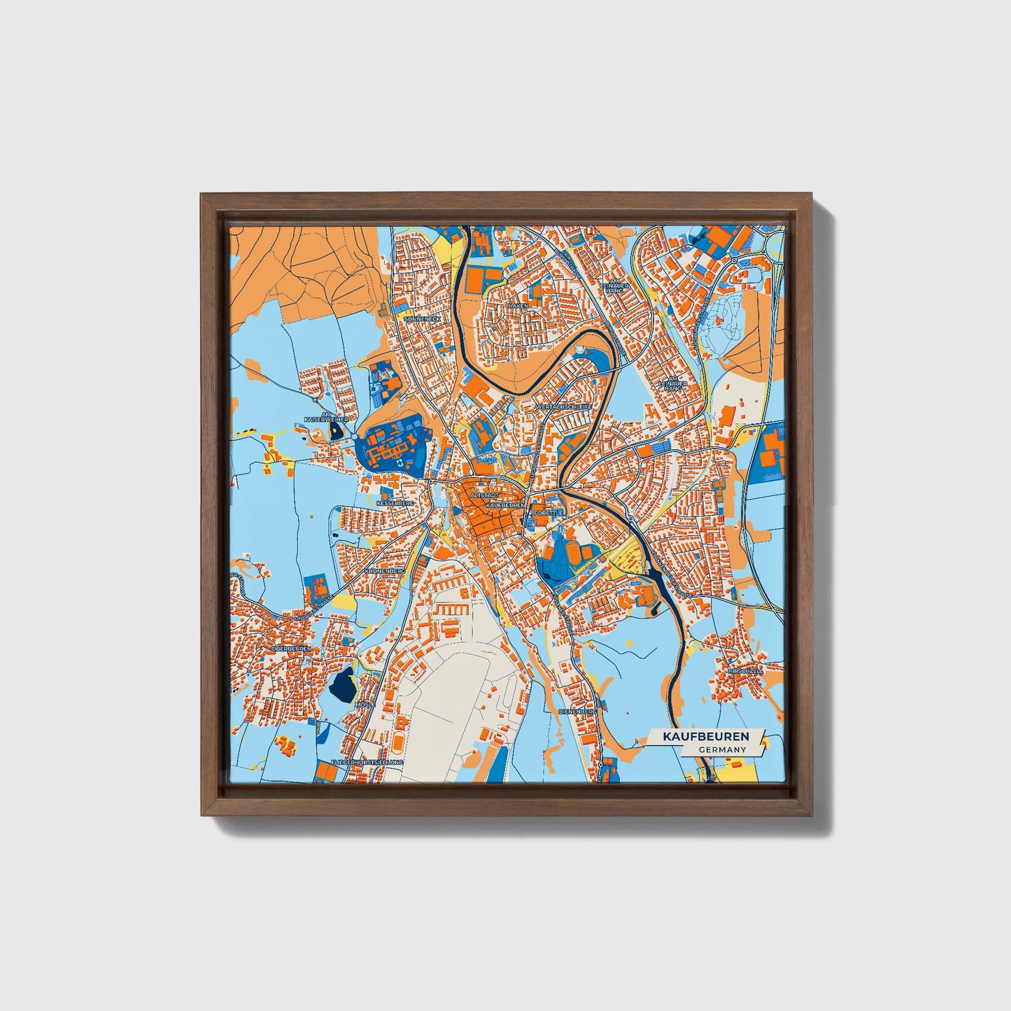 Kaufbeuren Germany Colorful City Map Canvas Print • Dark Wooden Framed