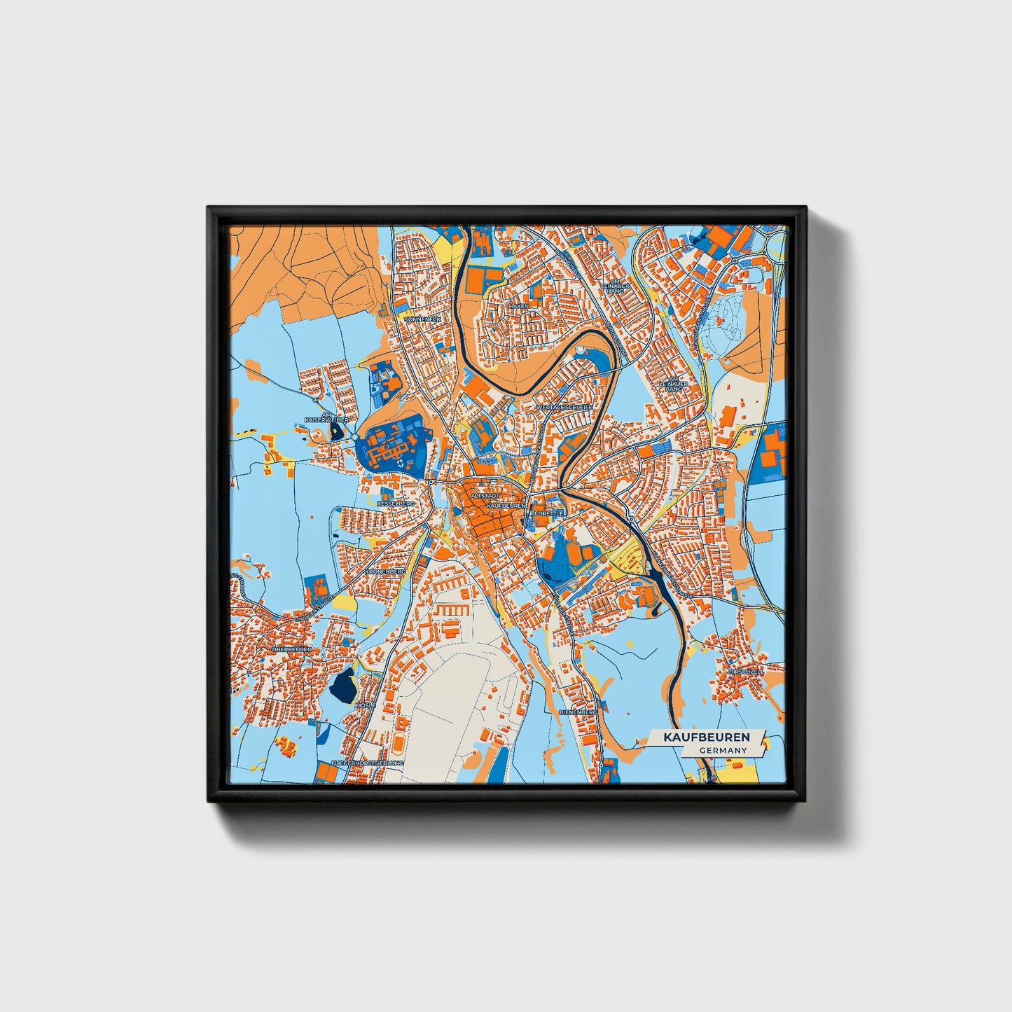 Kaufbeuren Germany Colorful City Map Canvas Print • Black Framed