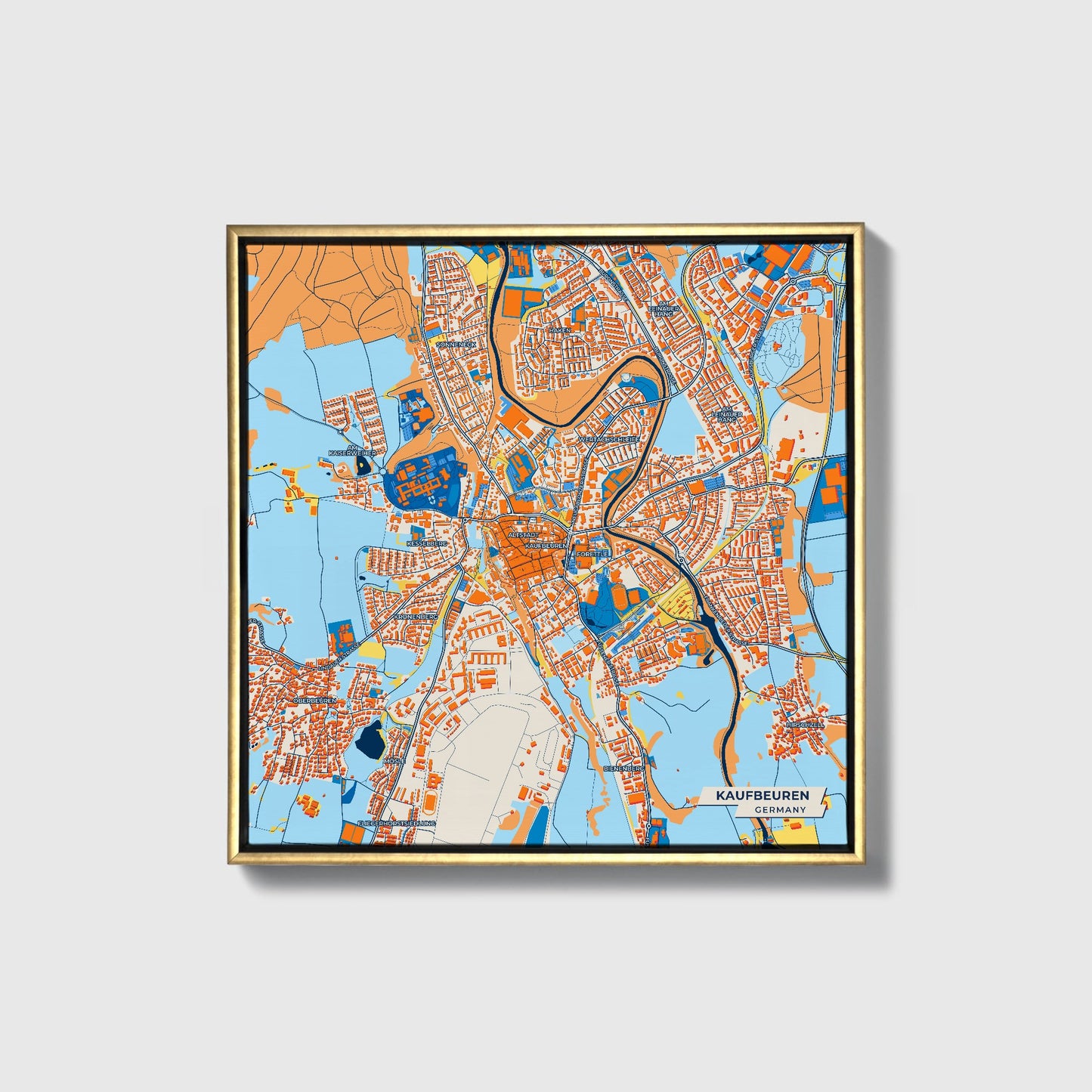 Kaufbeuren Germany Colorful City Map Canvas Print • Gold Framed