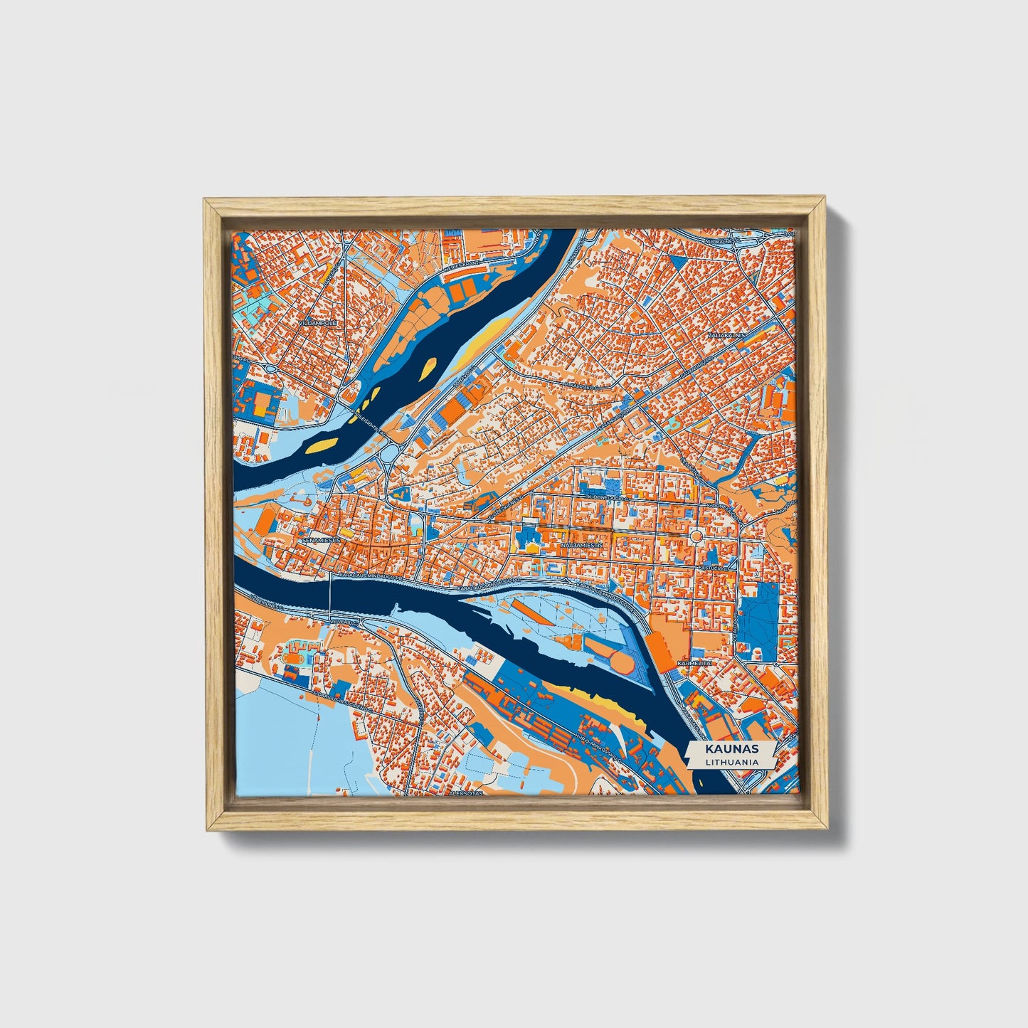 Kaunas Lithuania Colorful City Map Canvas Print • Natural Wooden Framed