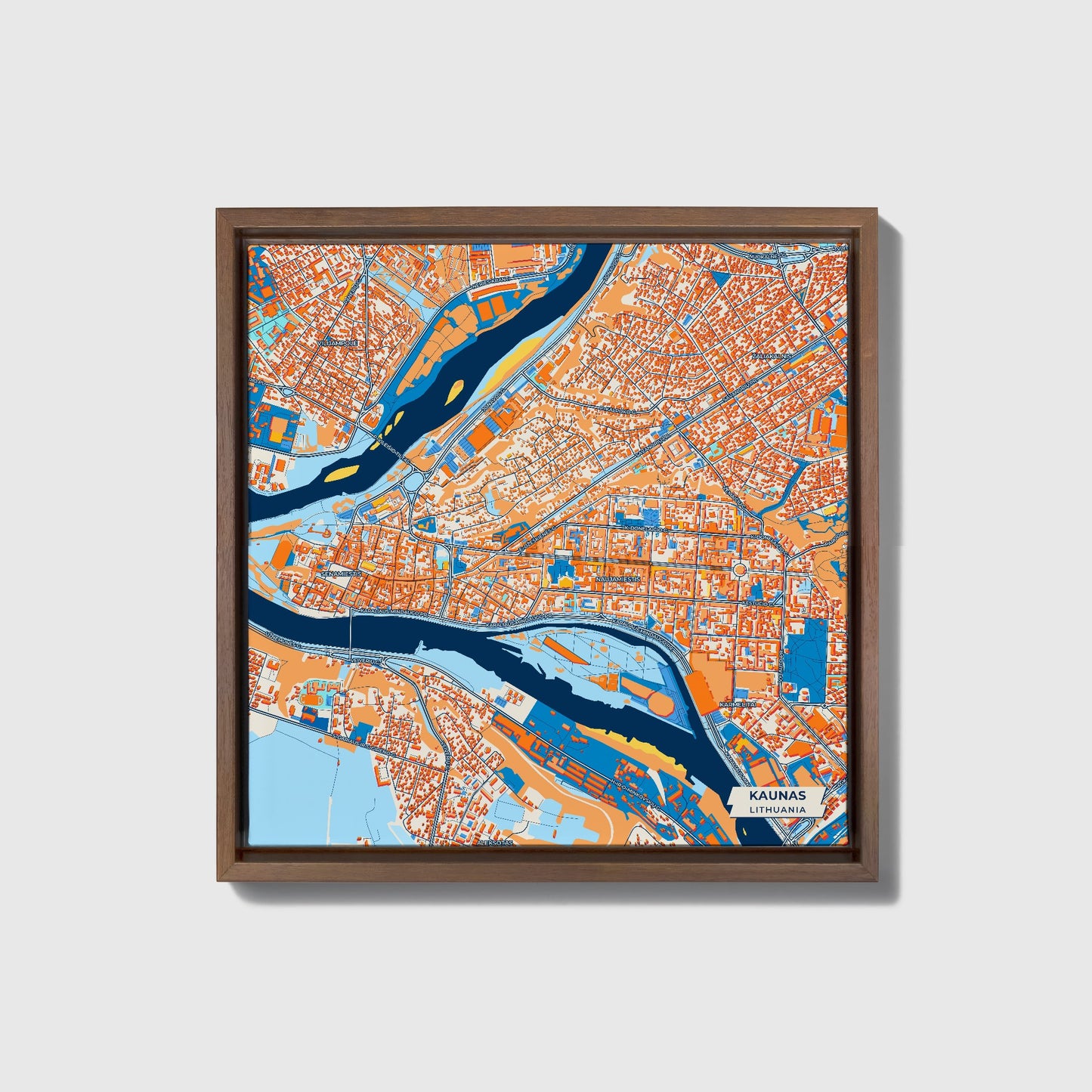 Kaunas Lithuania Colorful City Map Canvas Print • Dark Wooden Framed