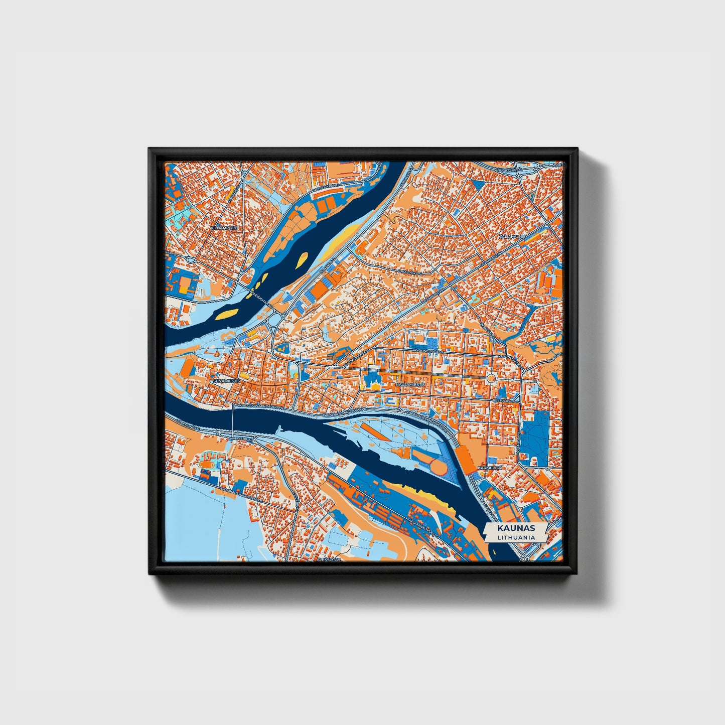 Kaunas Lithuania Colorful City Map Canvas Print • Black Framed