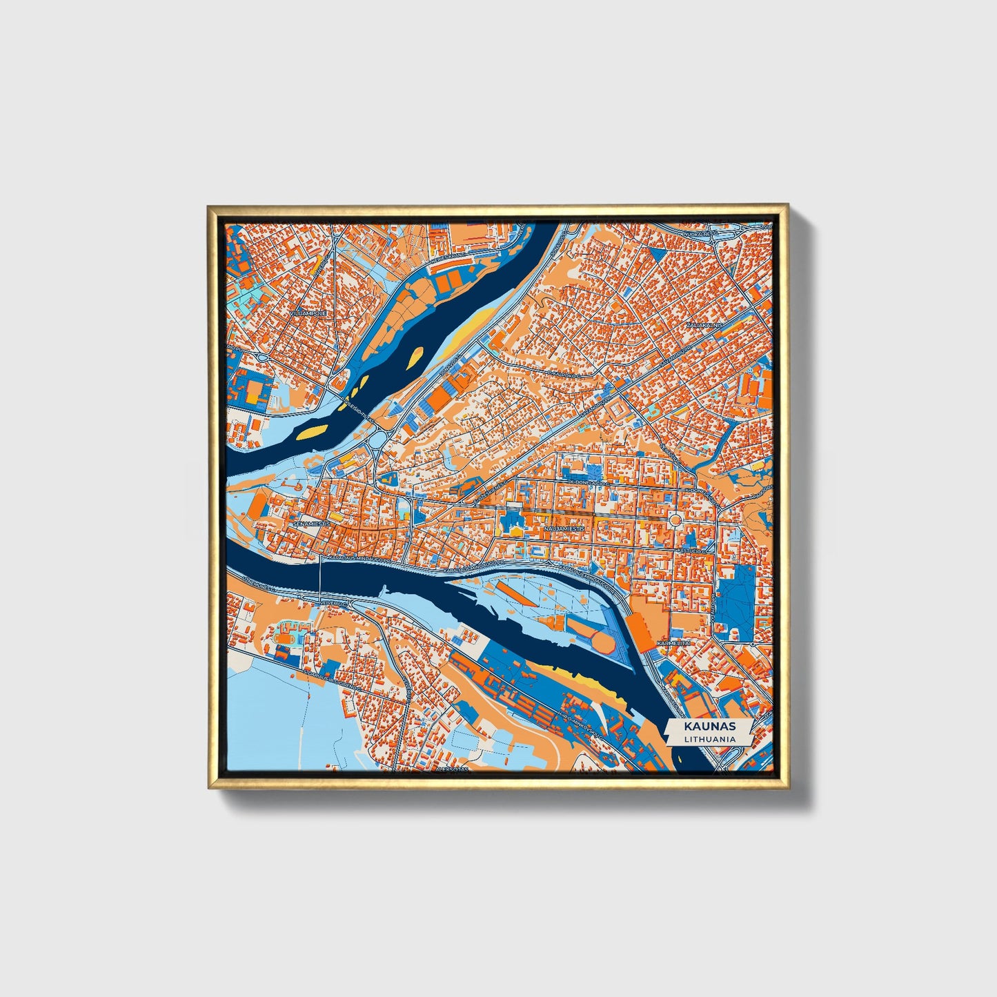 Kaunas Lithuania Colorful City Map Canvas Print • Gold Framed