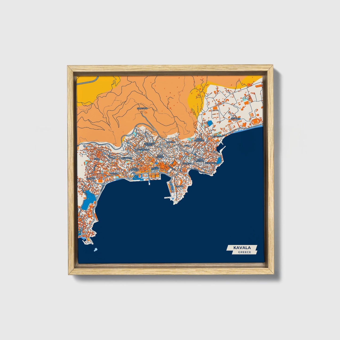 Καβαλα Greece Colorful City Map Canvas Print • Natural Wooden Framed