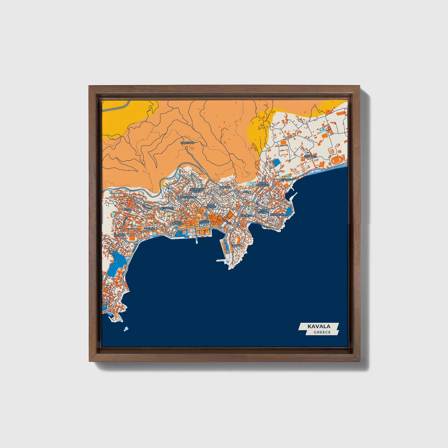 Καβαλα Greece Colorful City Map Canvas Print • Dark Wooden Framed