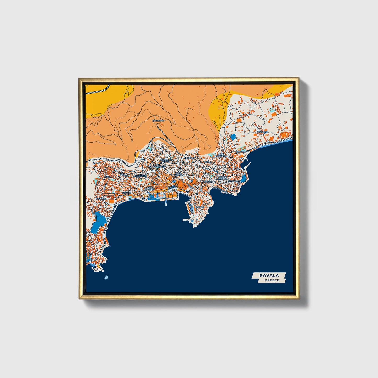 Καβαλα Greece Colorful City Map Canvas Print • Gold Framed