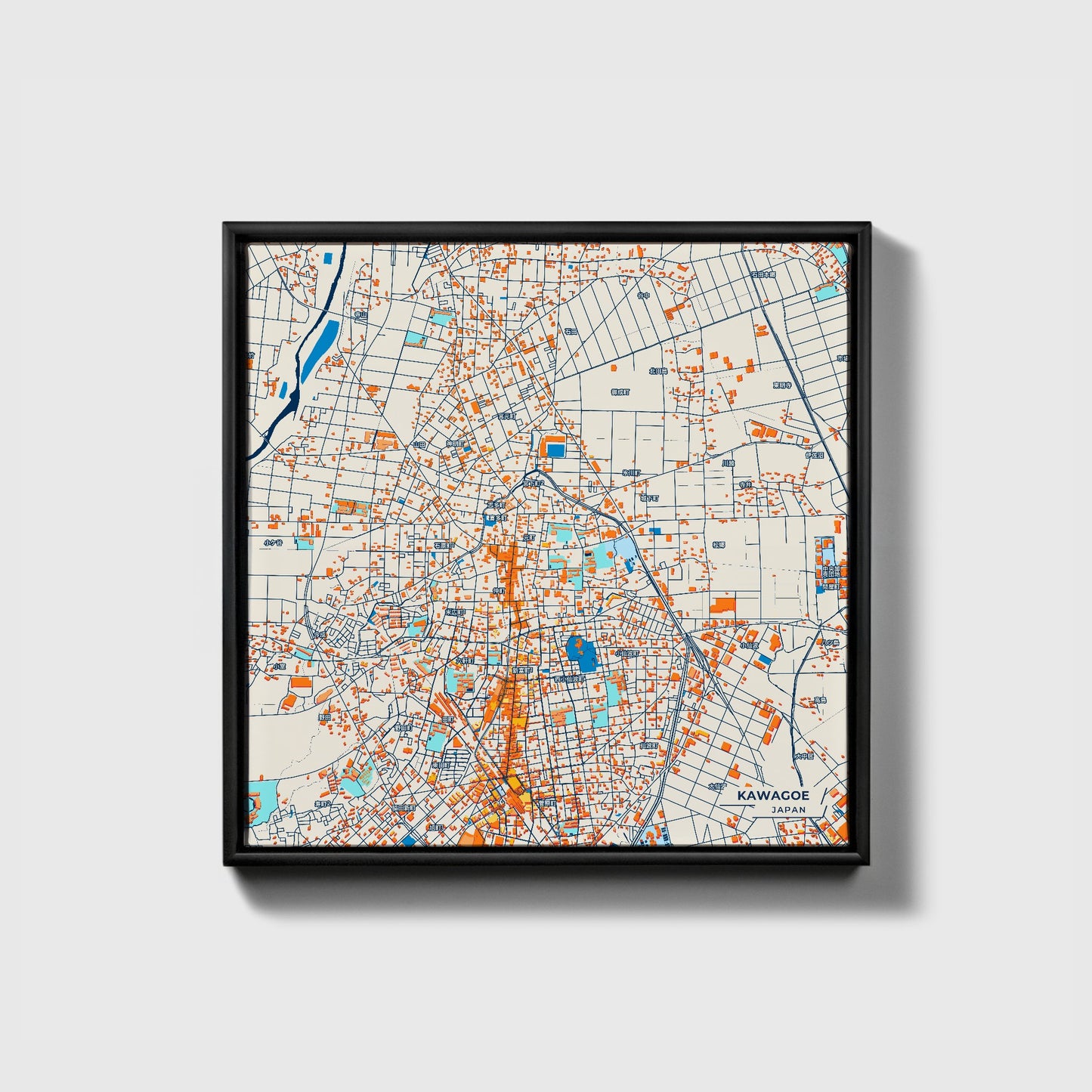 Kawagoe Japan Colorful City Map Canvas Print • Black Framed