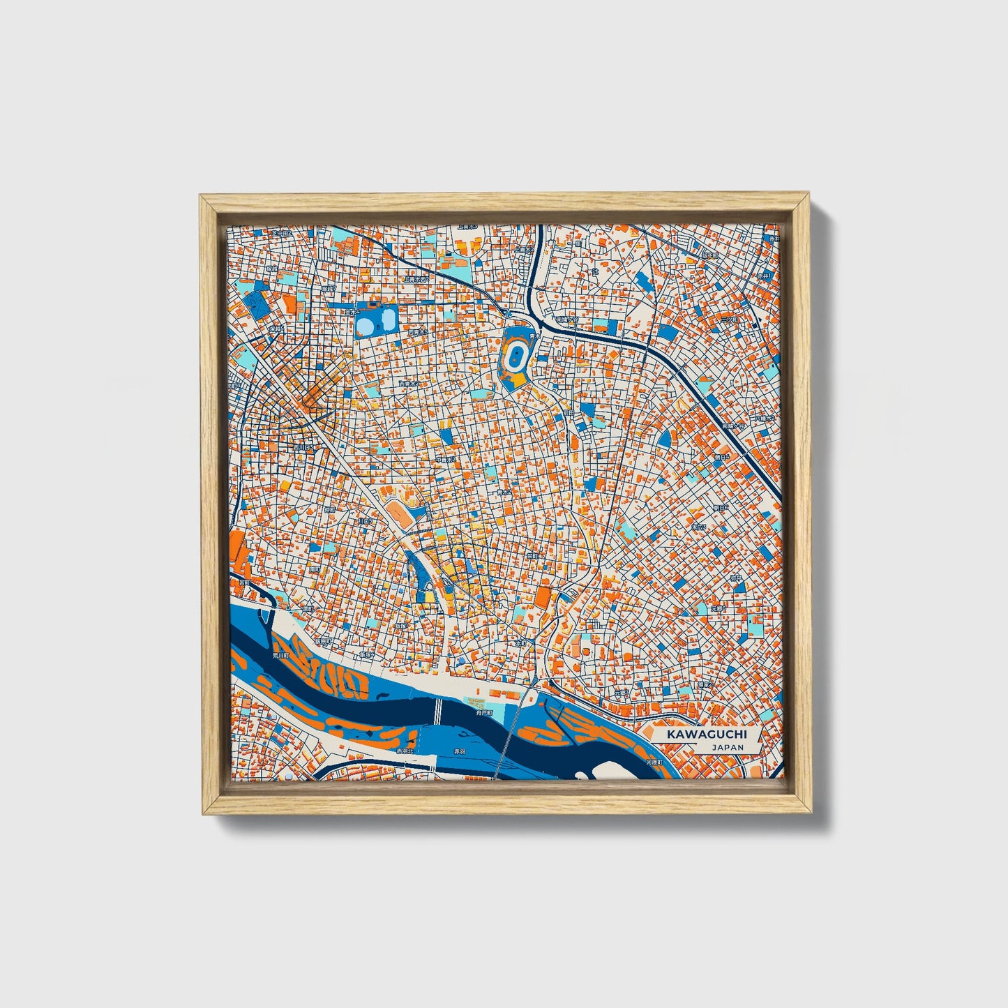 Kawaguchi Japan Colorful City Map Canvas Print • Natural Wooden Framed