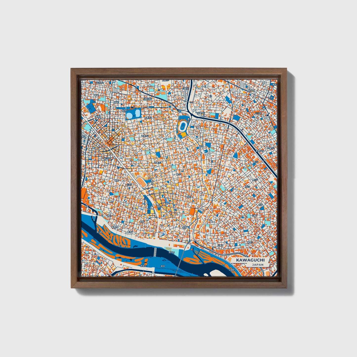 Kawaguchi Japan Colorful City Map Canvas Print • Dark Wooden Framed