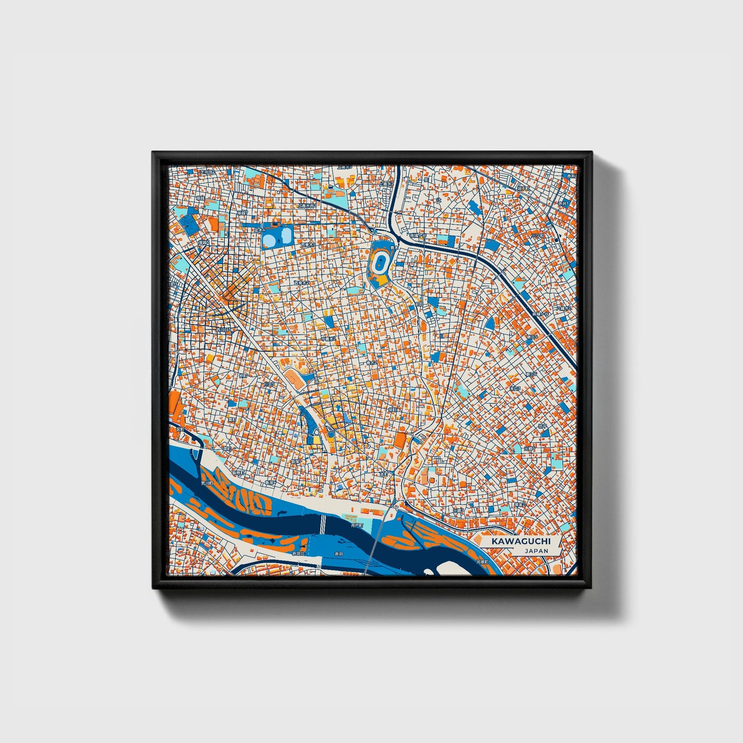 Kawaguchi Japan Colorful City Map Canvas Print • Black Framed