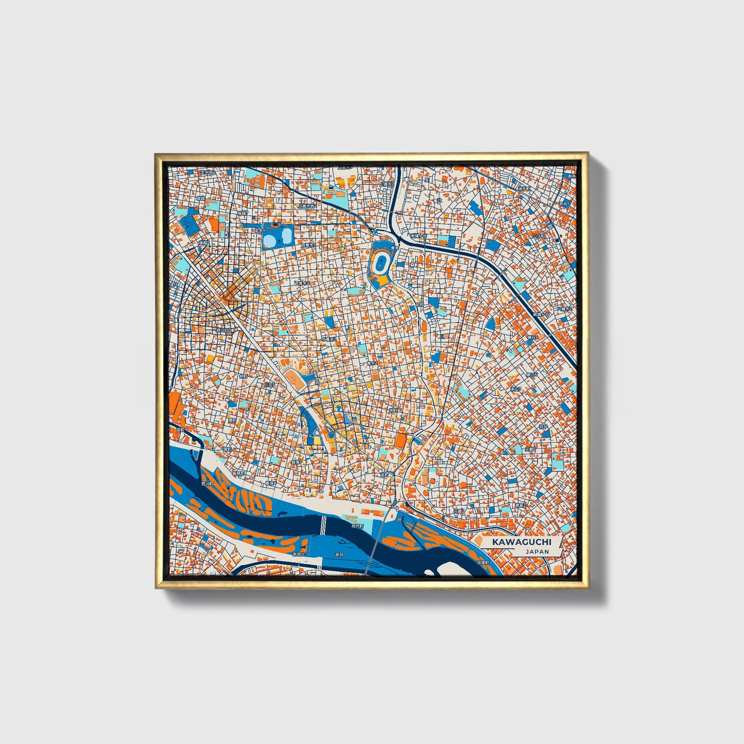 Kawaguchi Japan Colorful City Map Canvas Print • Gold Framed