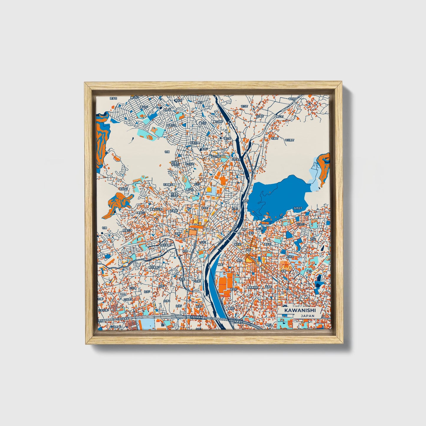 Kawanishi Japan Colorful City Map Canvas Print • Natural Wooden Framed