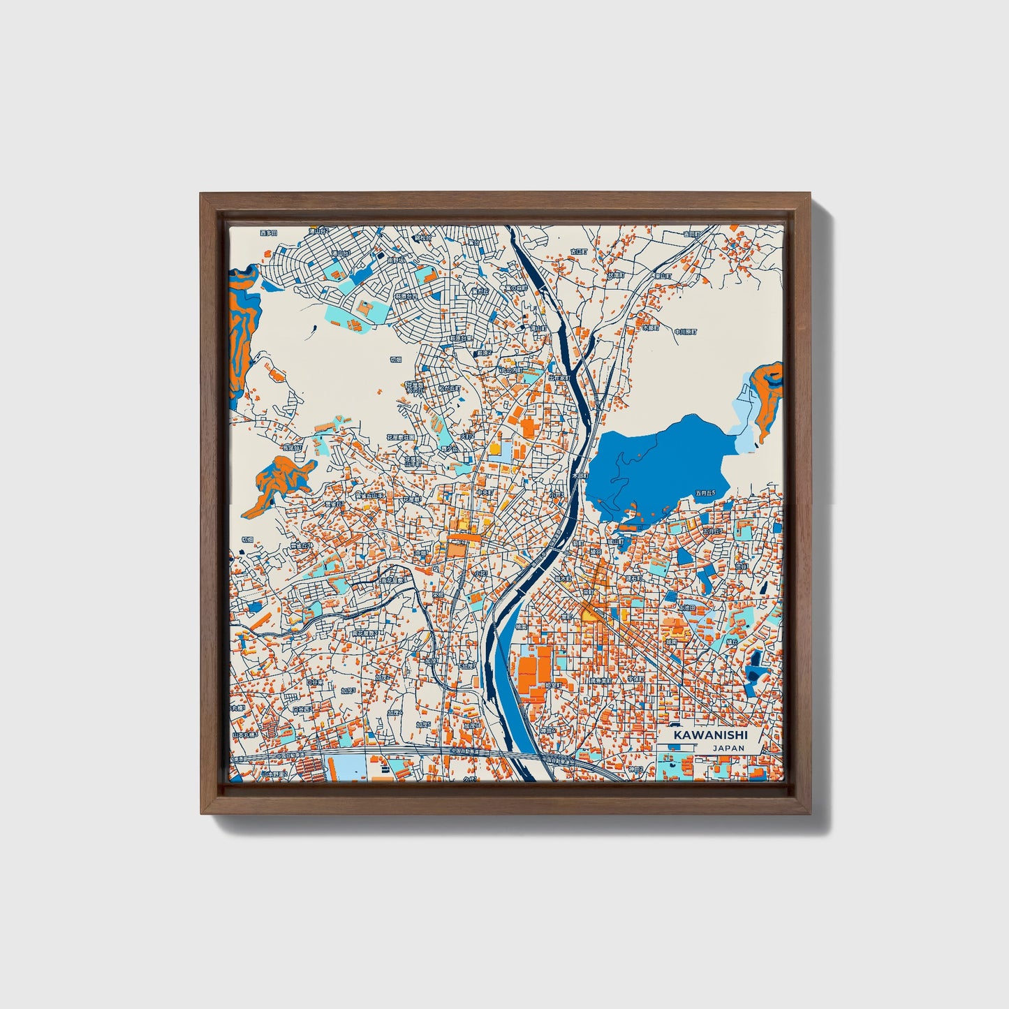 Kawanishi Japan Colorful City Map Canvas Print • Dark Wooden Framed