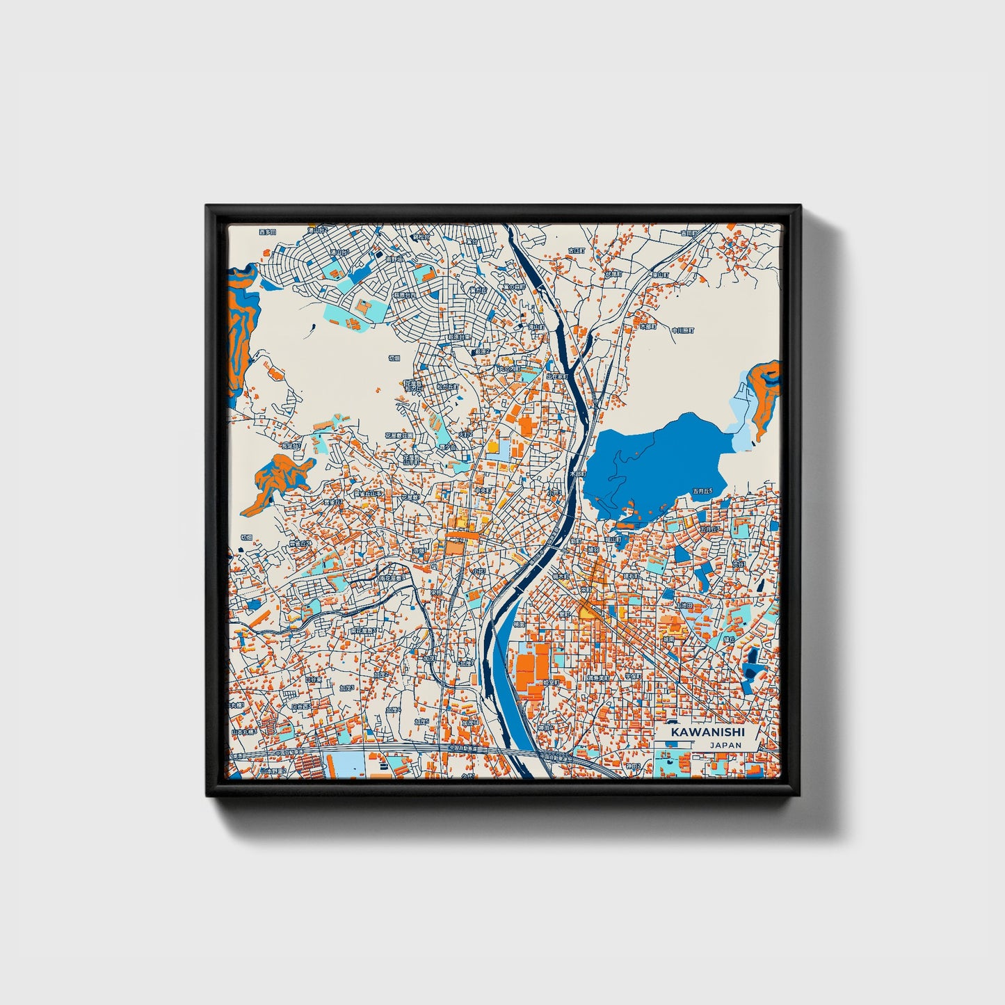 Kawanishi Japan Colorful City Map Canvas Print • Black Framed