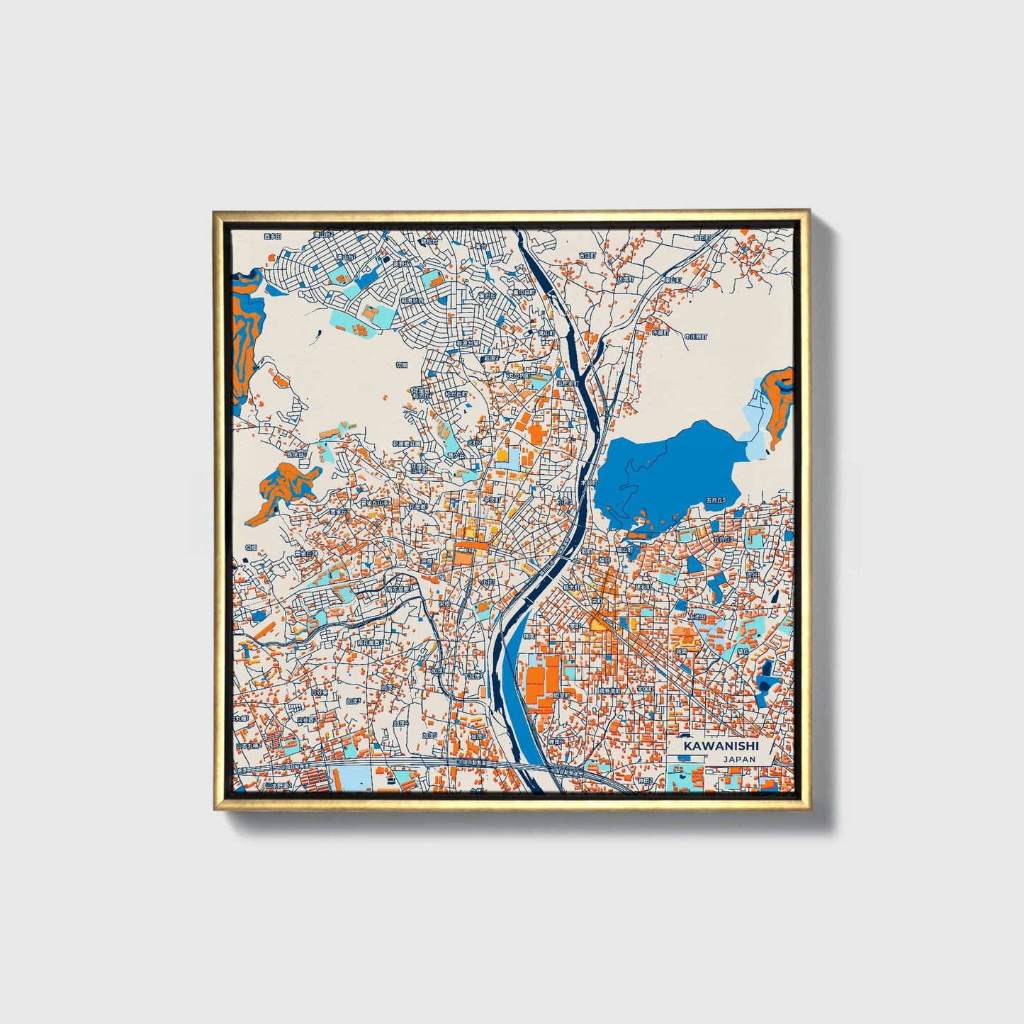 Kawanishi Japan Colorful City Map Canvas Print • Gold Framed