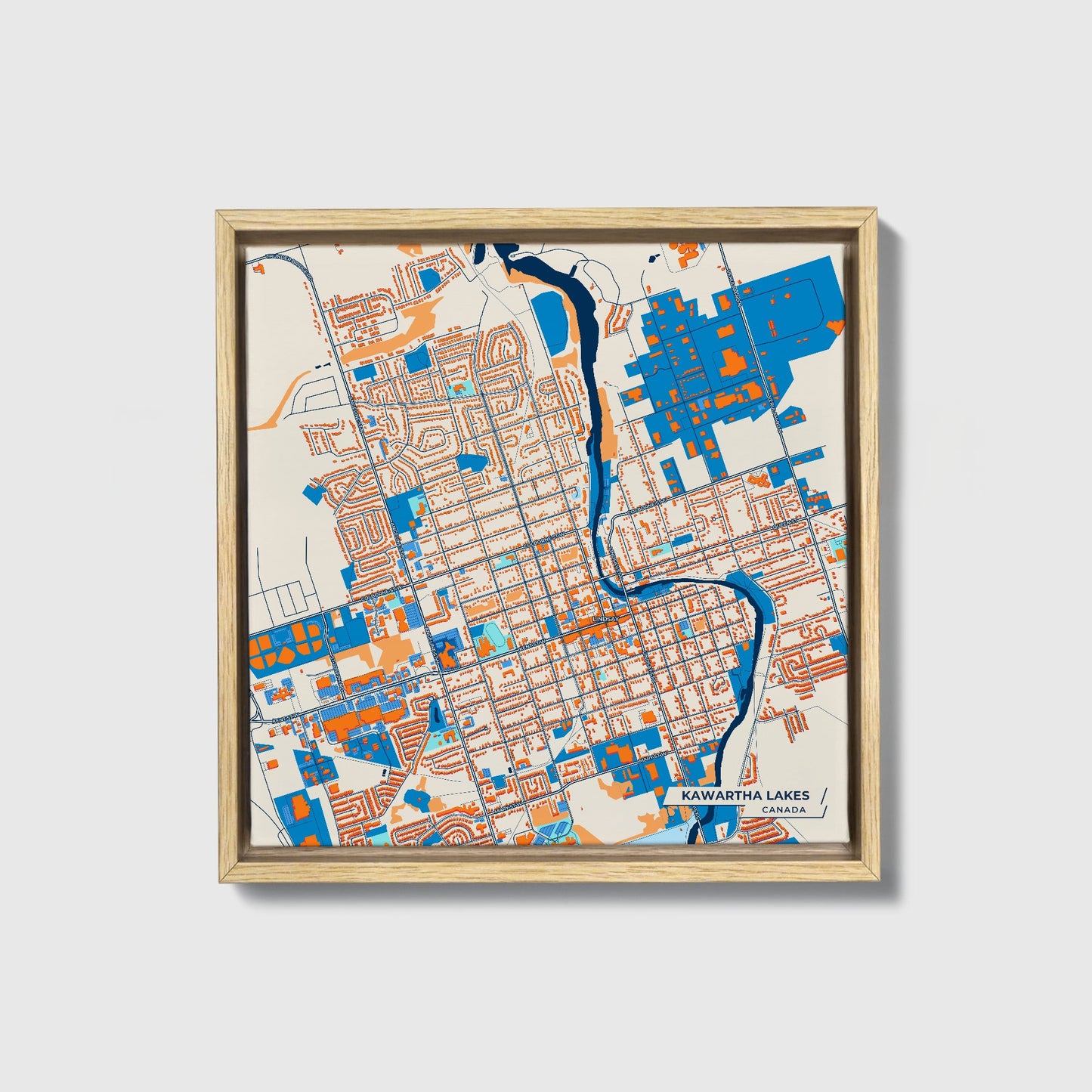Kawartha Lakes Canada Colorful City Map Canvas Print • Natural Wooden Framed