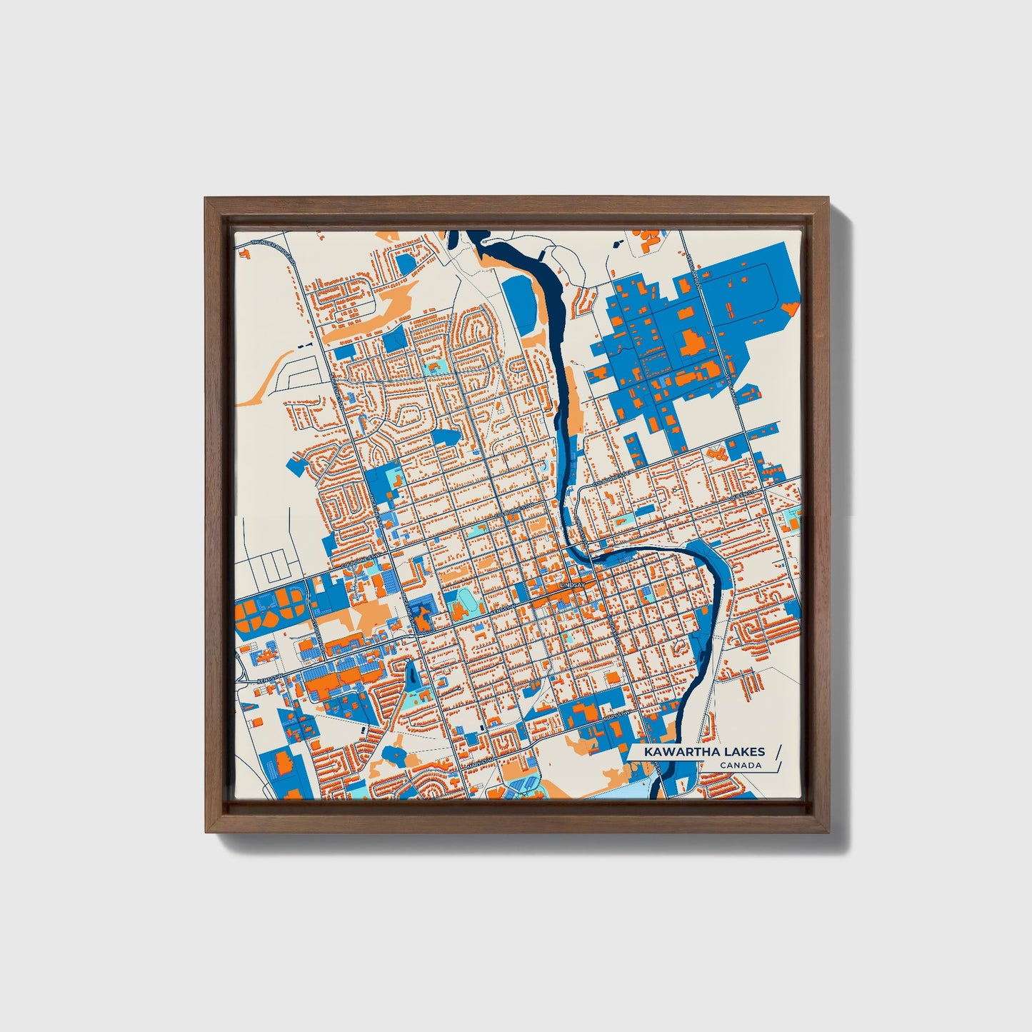 Kawartha Lakes Canada Colorful City Map Canvas Print • Dark Wooden Framed