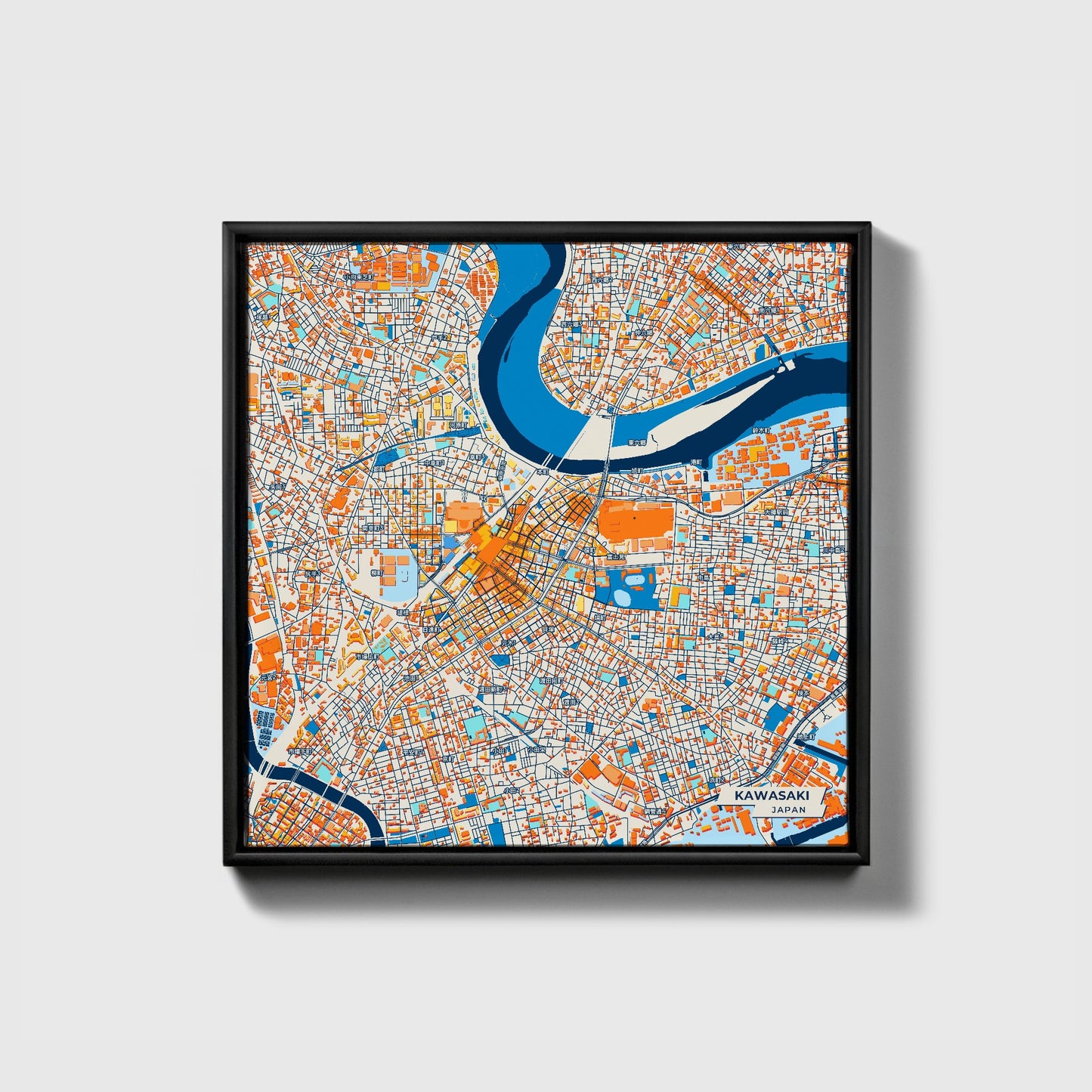 Kawasaki Japan Colorful City Map Canvas Print • Black Framed