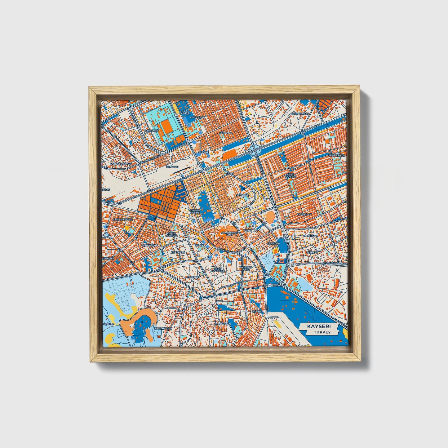 Kayseri̇ Turkey Colorful City Map Canvas Print • Natural Wooden Framed