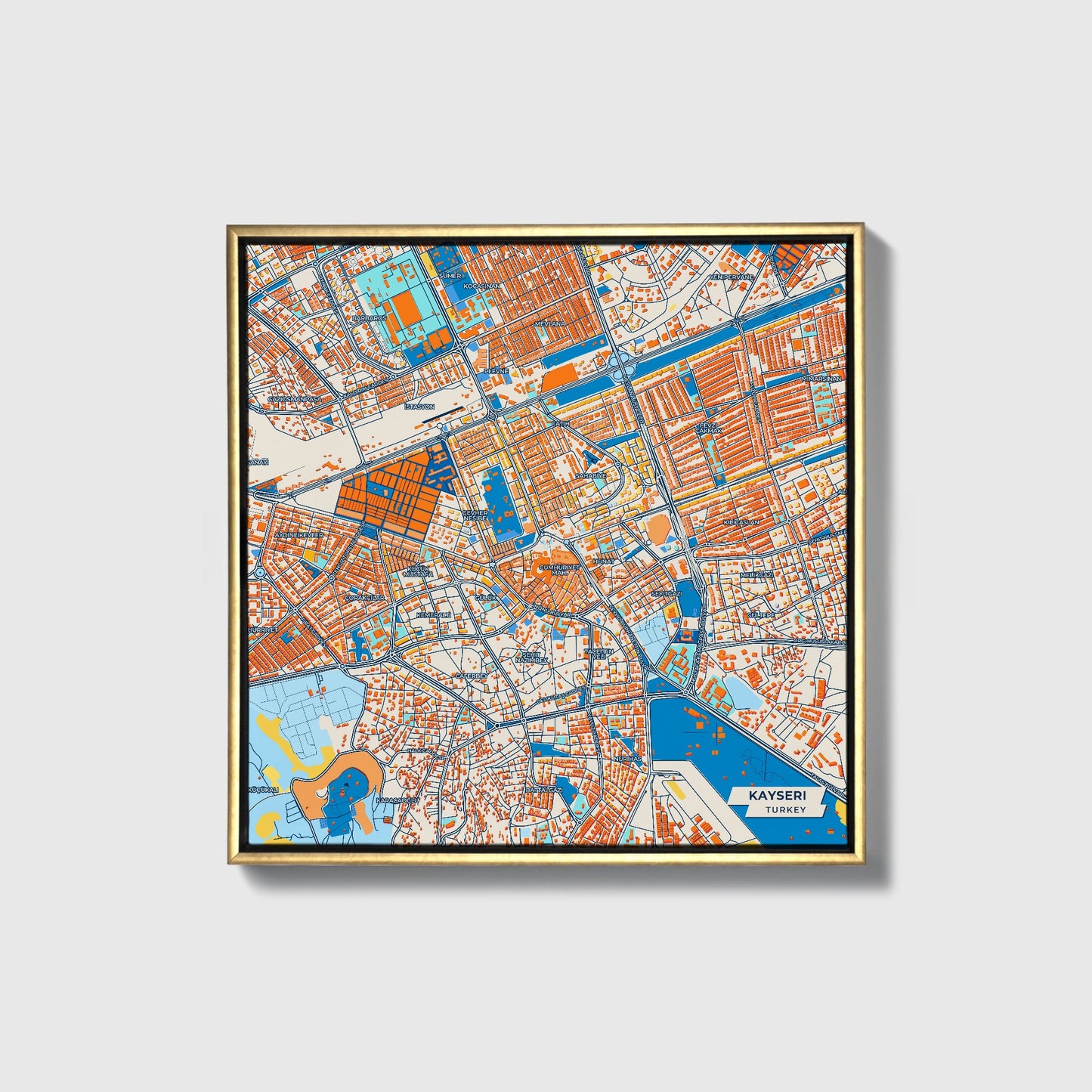 Kayseri̇ Turkey Colorful City Map Canvas Print • Gold Framed