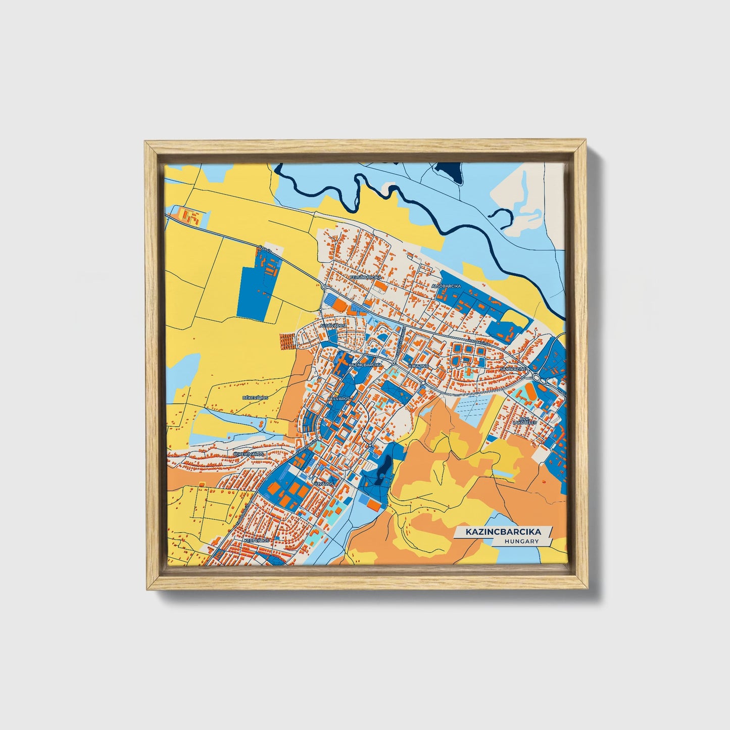 Kazincbarcika Hungary Colorful City Map Canvas Print • Natural Wooden Framed