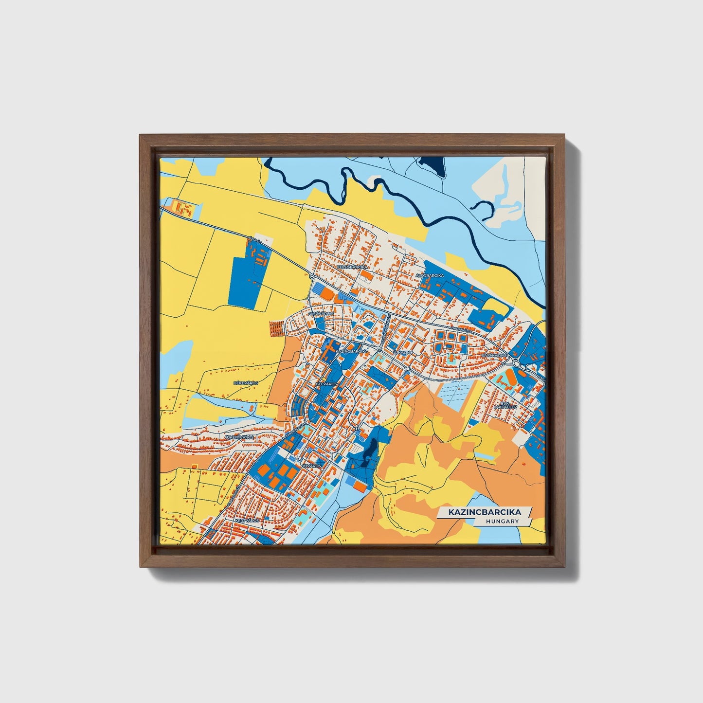 Kazincbarcika Hungary Colorful City Map Canvas Print • Dark Wooden Framed