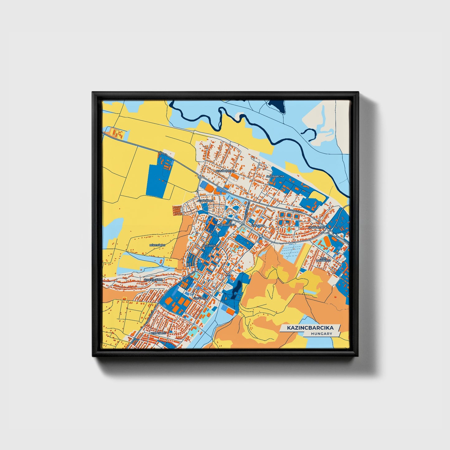 Kazincbarcika Hungary Colorful City Map Canvas Print • Black Framed