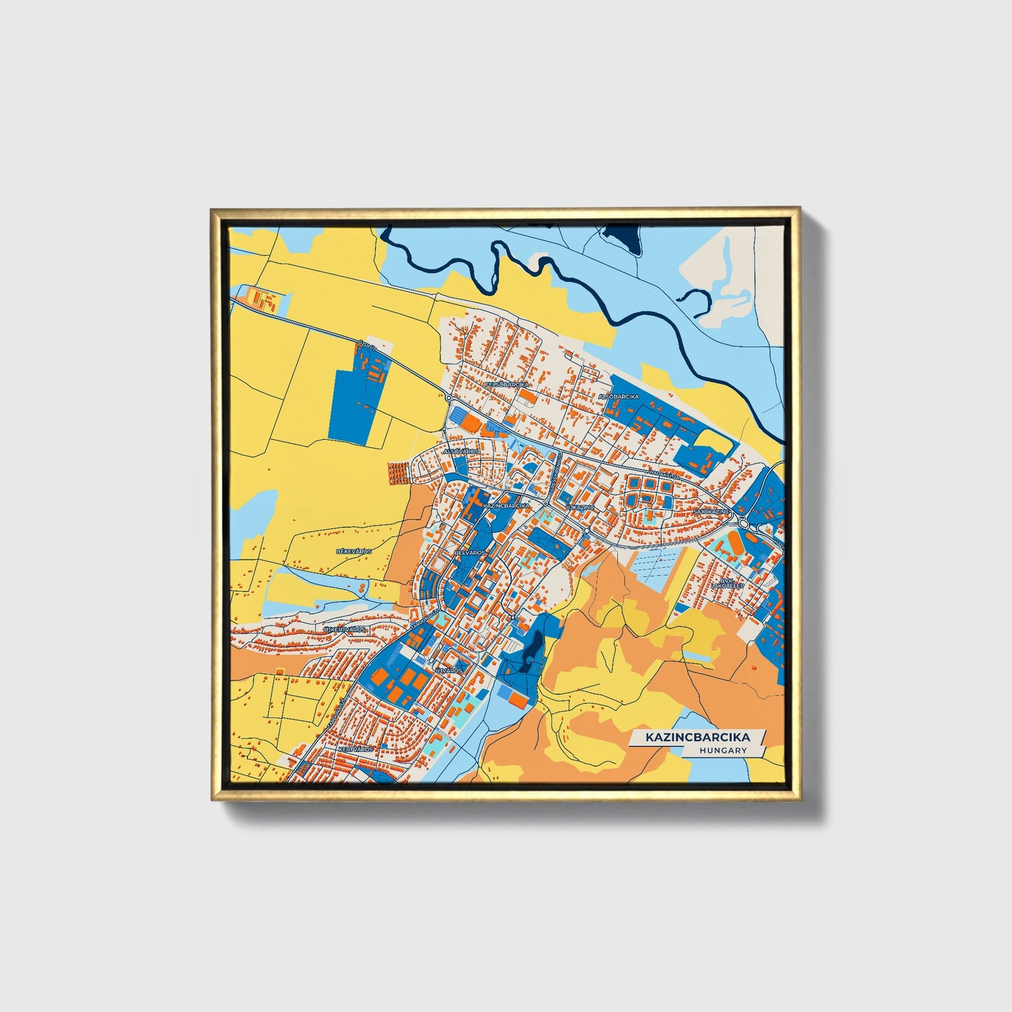 Kazincbarcika Hungary Colorful City Map Canvas Print • Gold Framed
