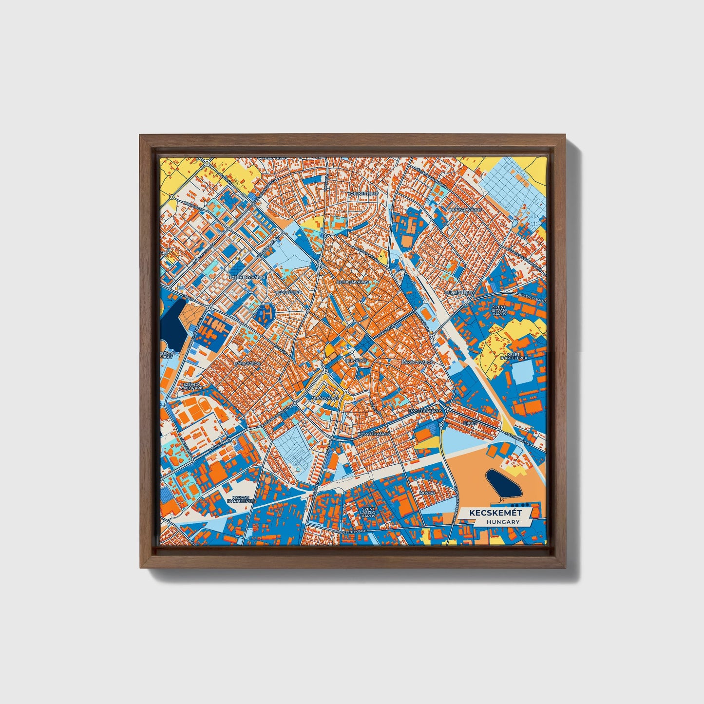 Kecskemét Hungary Colorful City Map Canvas Print • Dark Wooden Framed