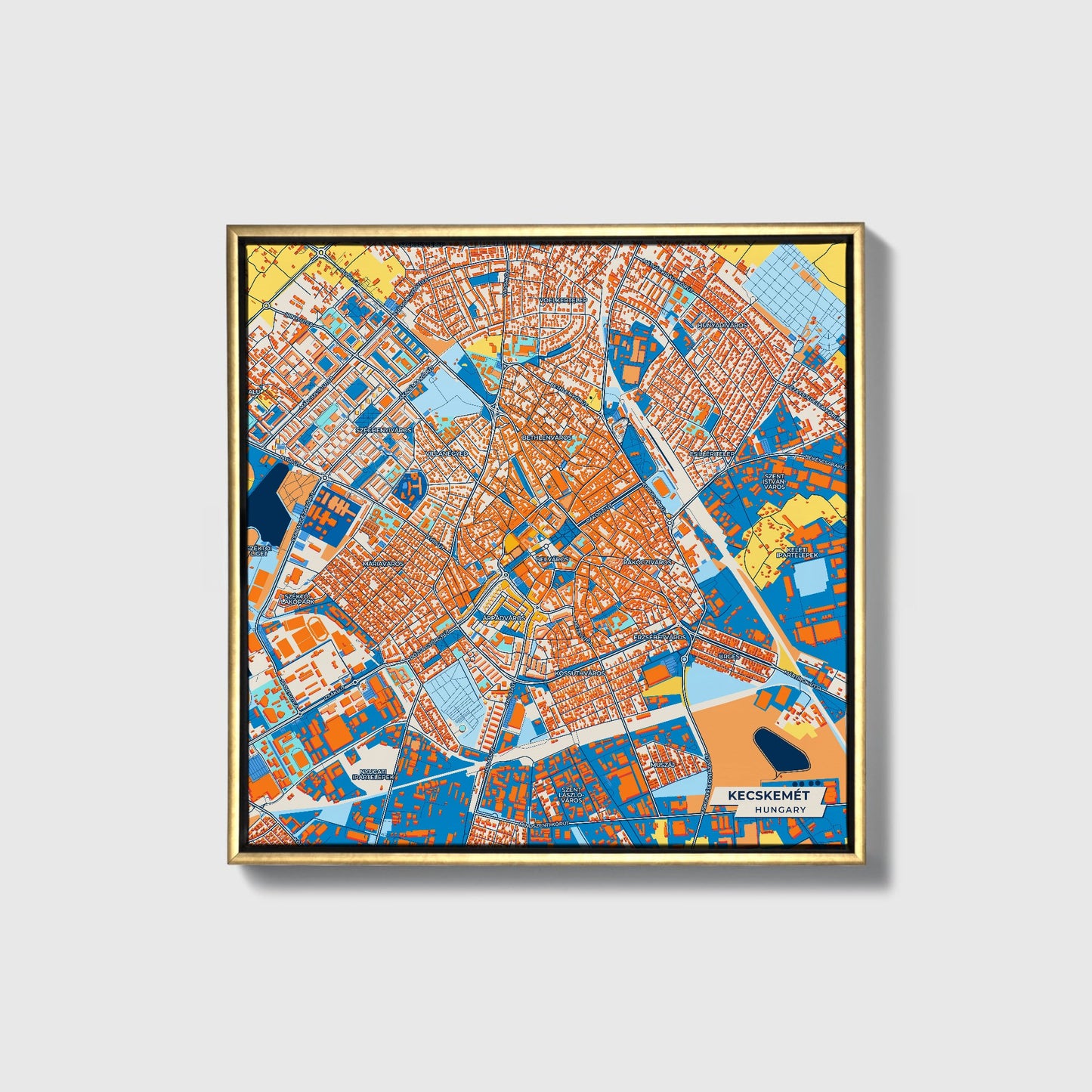 Kecskemét Hungary Colorful City Map Canvas Print • Gold Framed