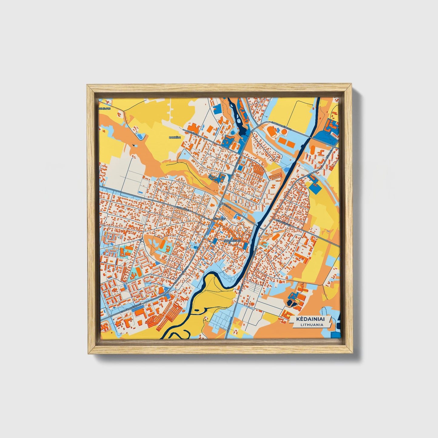 Kėdainiai Lithuania Colorful City Map Canvas Print • Natural Wooden Framed