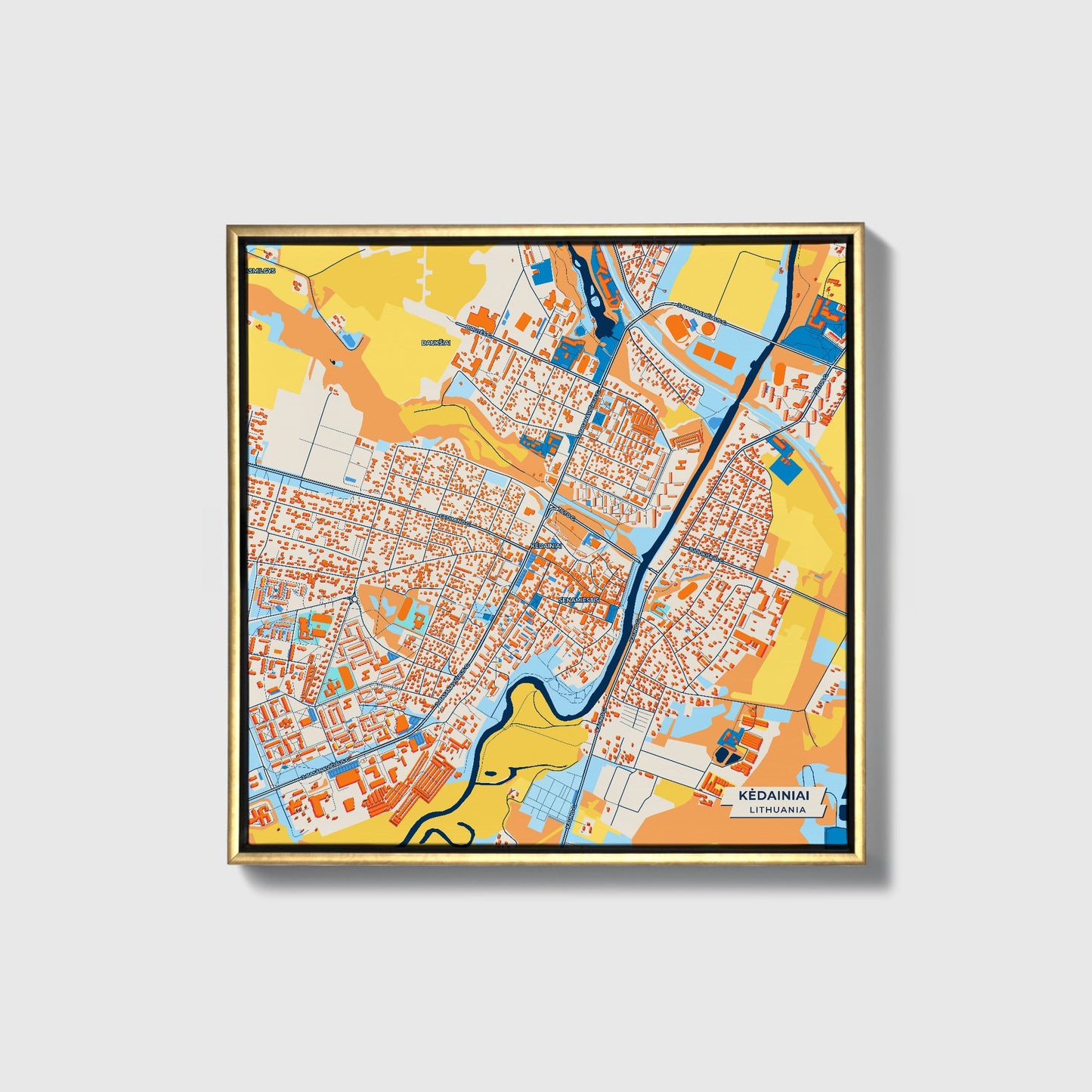 Kėdainiai Lithuania Colorful City Map Canvas Print • Gold Framed