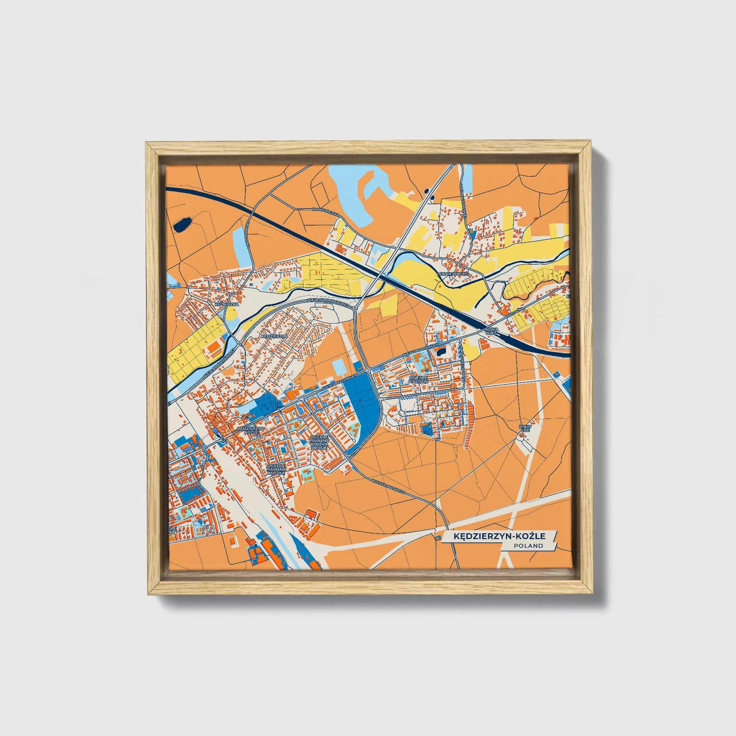 Kędzierzyn-Koźle Poland Colorful City Map Canvas Print • Natural Wooden Framed