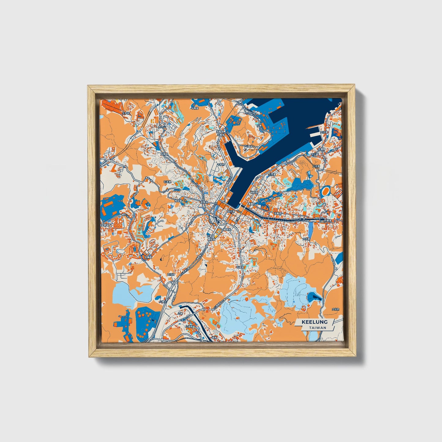 Keelung Taiwan Colorful City Map Canvas Print • Natural Wooden Framed
