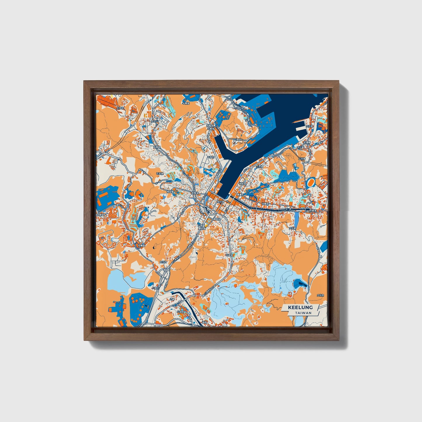 Keelung Taiwan Colorful City Map Canvas Print • Dark Wooden Framed