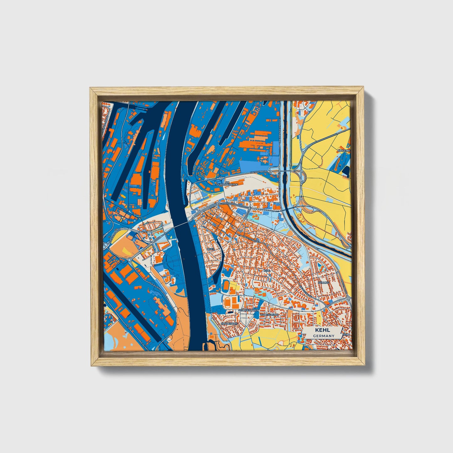 Kehl Germany Colorful City Map Canvas Print • Natural Wooden Framed