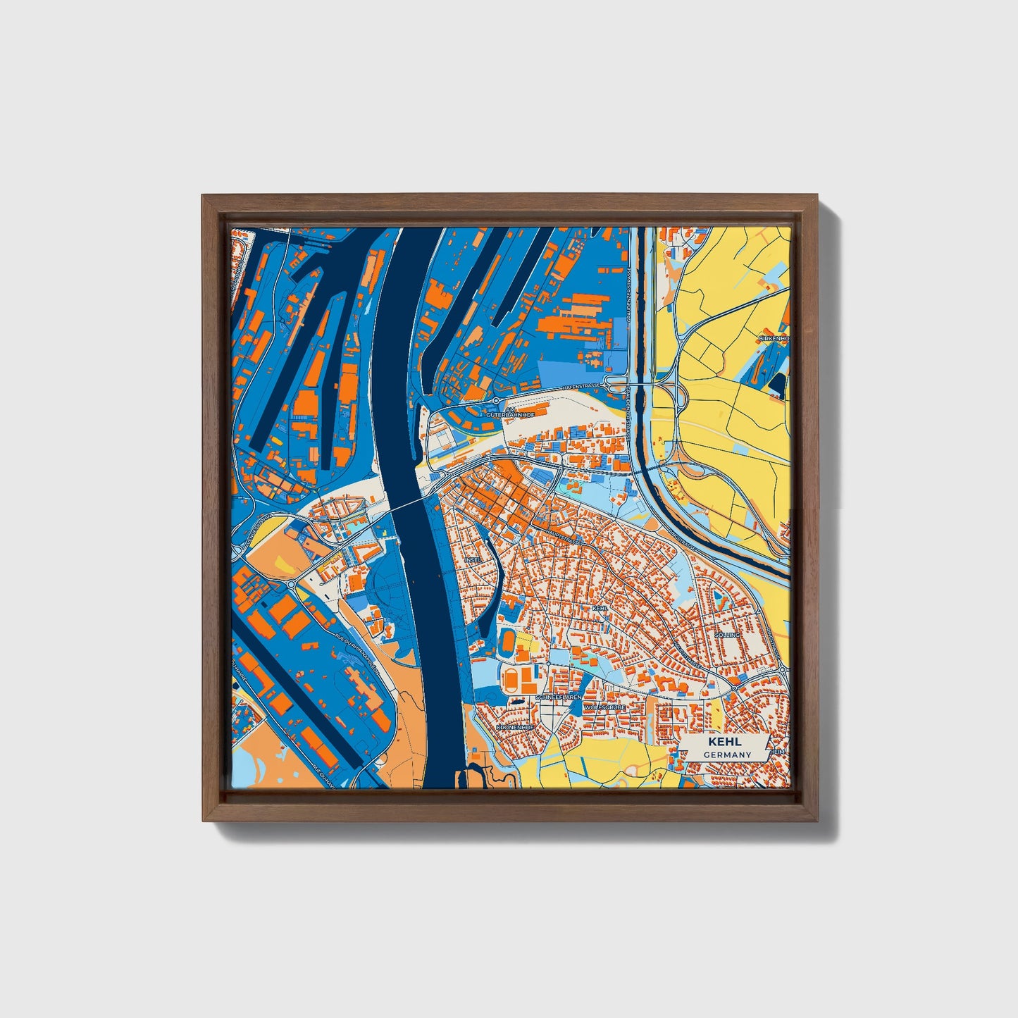Kehl Germany Colorful City Map Canvas Print • Dark Wooden Framed