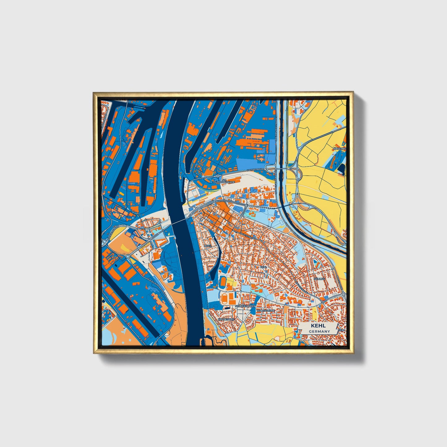 Kehl Germany Colorful City Map Canvas Print • Gold Framed