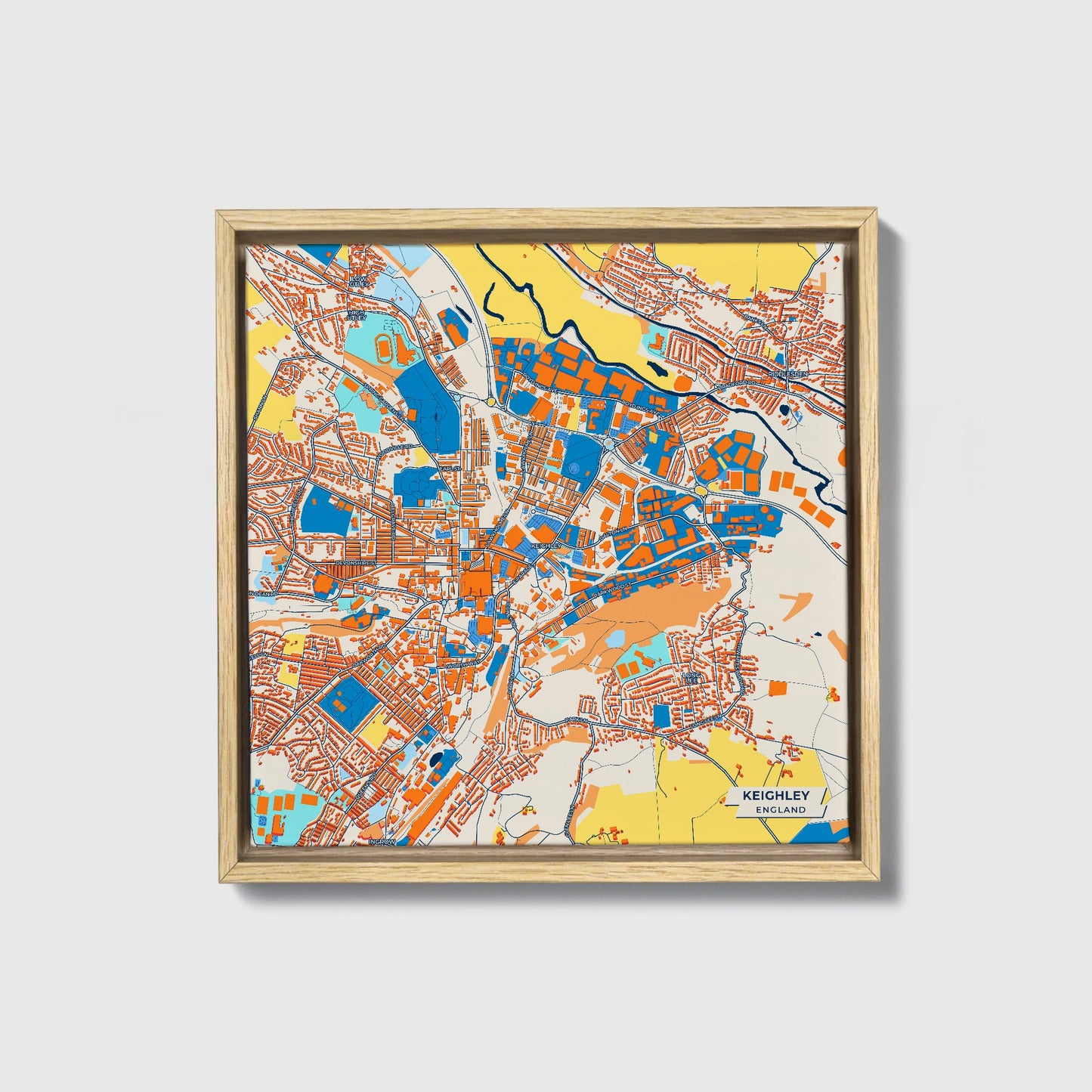Keighley England Colorful City Map Canvas Print • Natural Wooden Framed