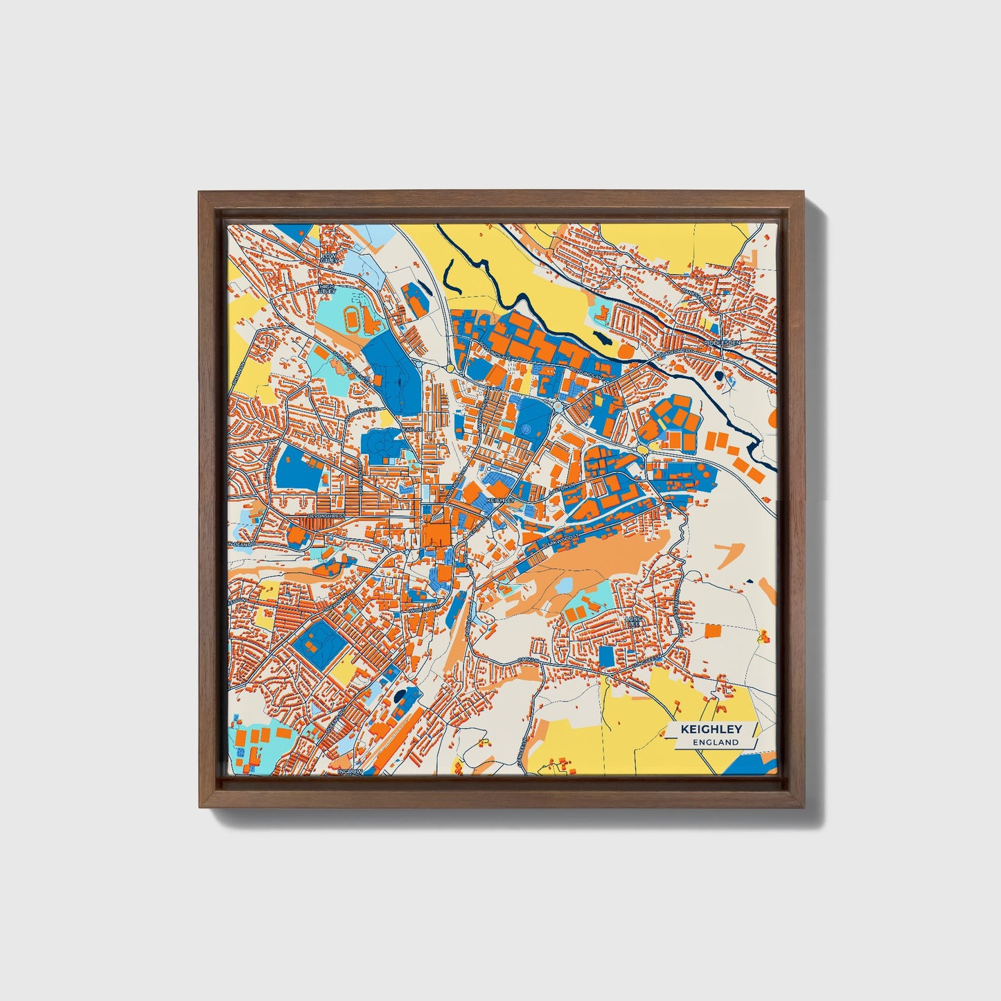Keighley England Colorful City Map Canvas Print • Dark Wooden Framed