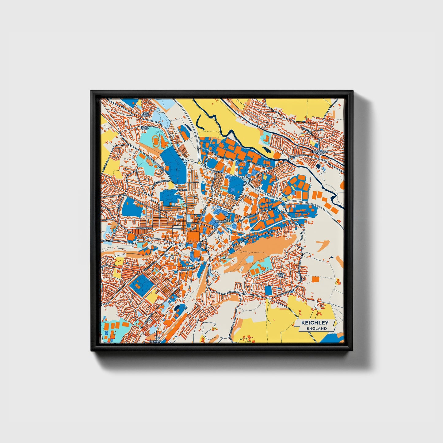 Keighley England Colorful City Map Canvas Print • Black Framed