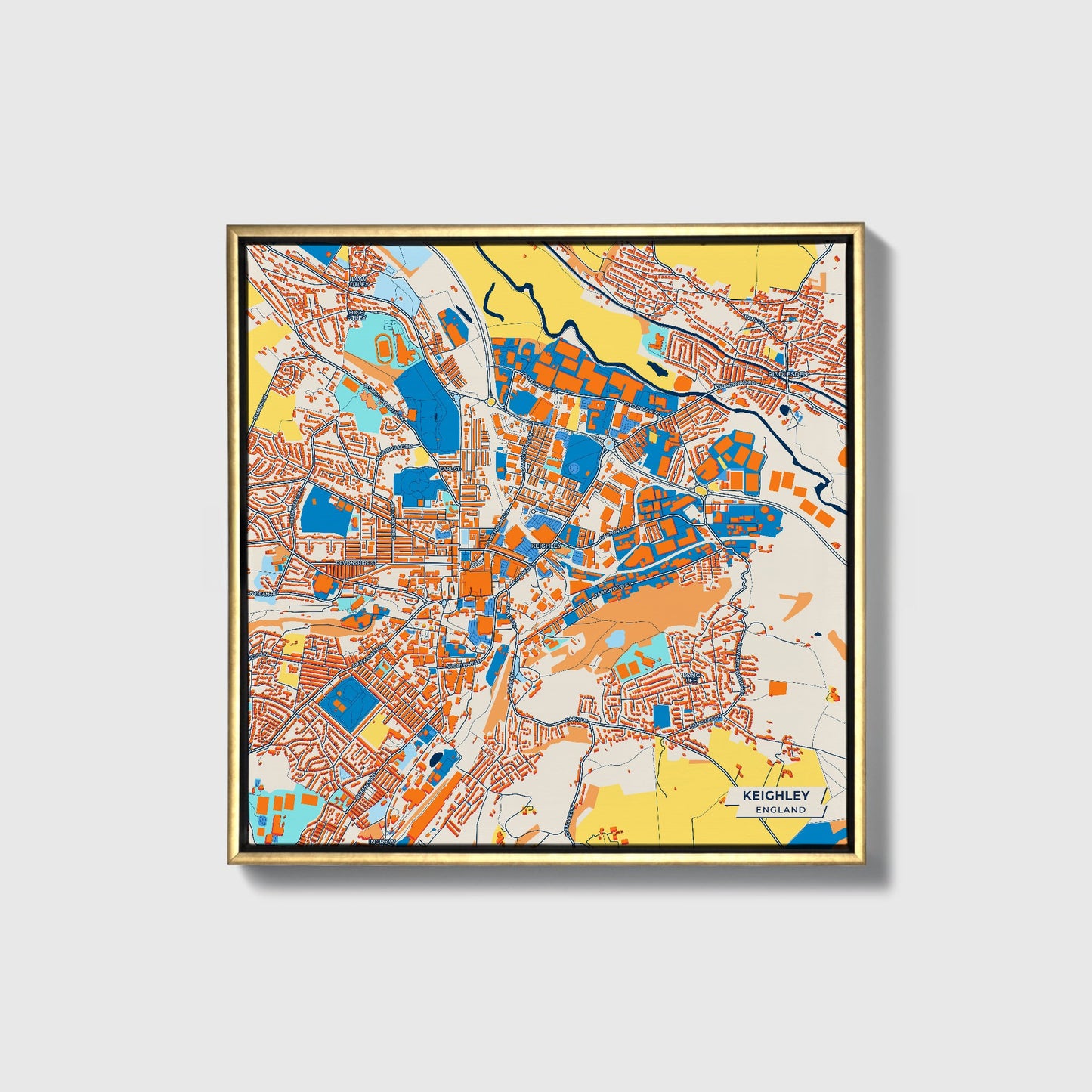 Keighley England Colorful City Map Canvas Print • Gold Framed