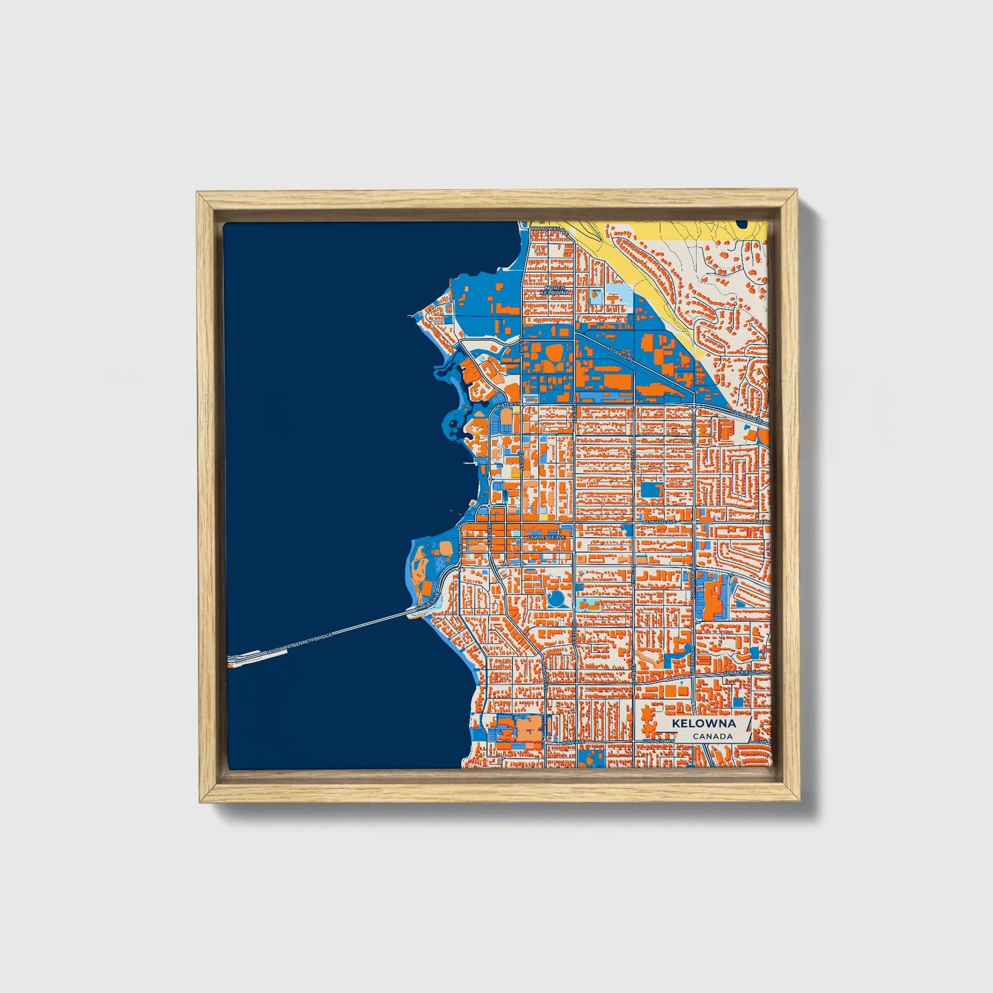 Kelowna Canada Colorful City Map Canvas Print • Natural Wooden Framed