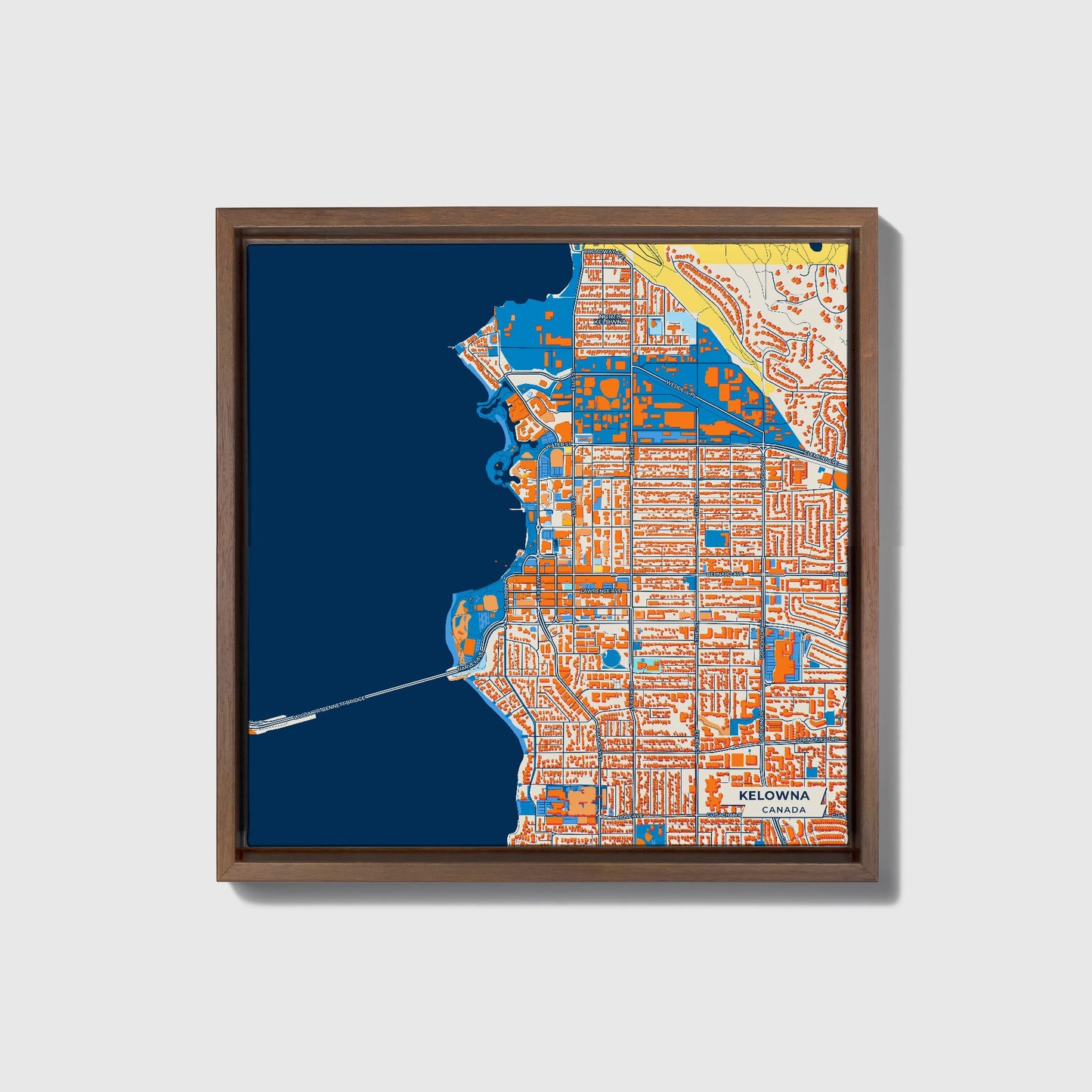 Kelowna Canada Colorful City Map Canvas Print • Dark Wooden Framed
