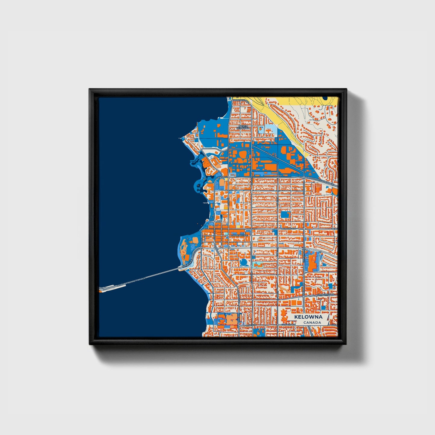 Kelowna Canada Colorful City Map Canvas Print • Black Framed