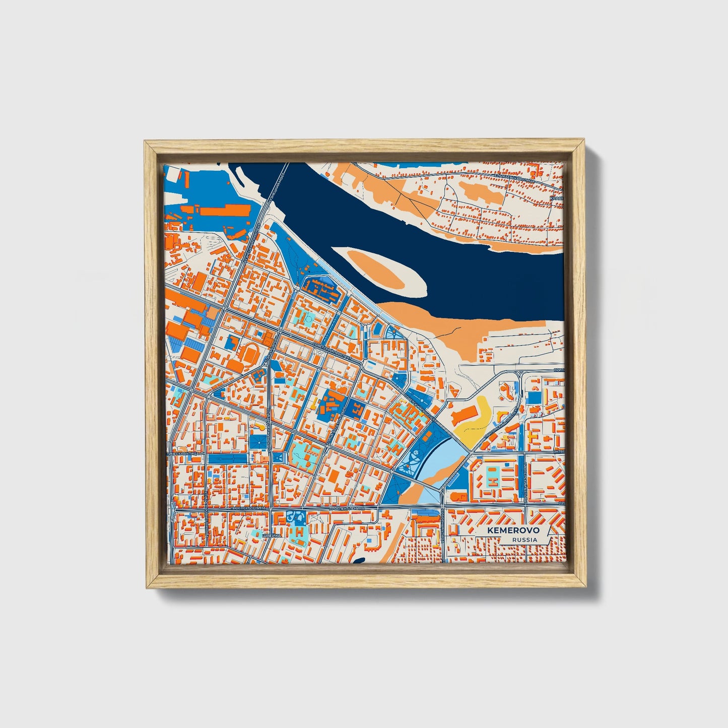 Кемерово Russia Colorful City Map Canvas Print • Natural Wooden Framed