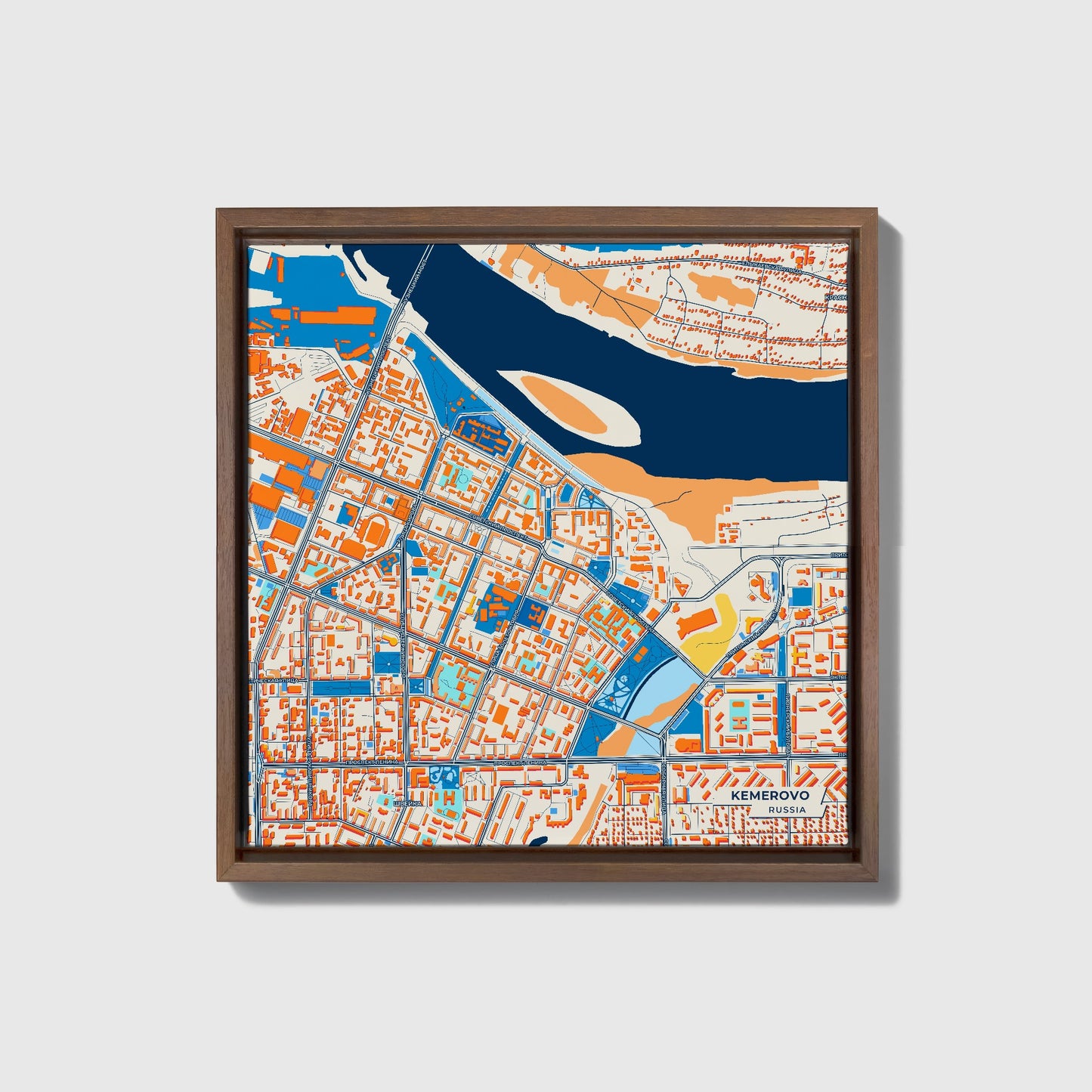 Кемерово Russia Colorful City Map Canvas Print • Dark Wooden Framed