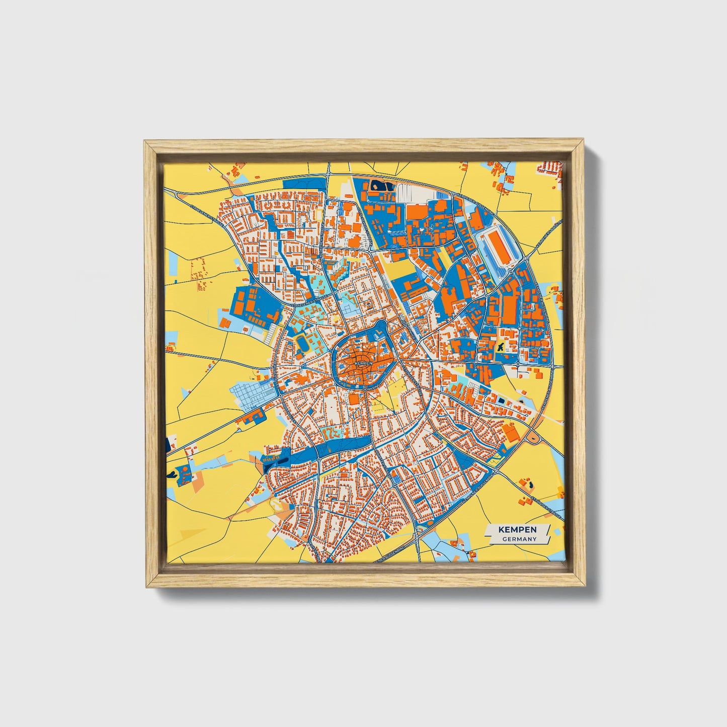 Kempen Germany Colorful City Map Canvas Print • Natural Wooden Framed